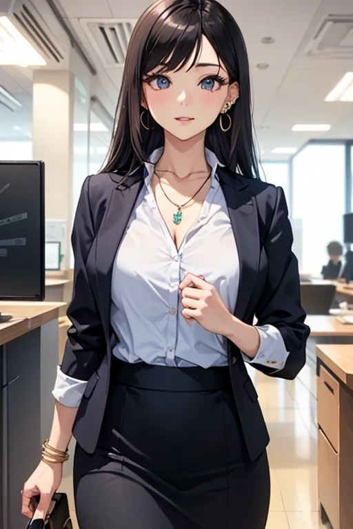 Beautuful Women、Long、a necklace、piercings、Wearing a suit、skirt by the、business sui、Good style、s Office、The upper part of the body、bustup