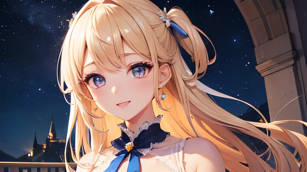 Beautiful blonde two side up hairstyle、Two-side-up、absurderes、Pure white long dress、Emphasis on the chest、Blue Ribbon、This is a very large and beautiful sapphire brooch...、Cute young lady、Beautiful purple eyes studded with colorful jewels, Beautiful smile with attention to detail、;D、beautiful and delicate flowing hair、Delicate and detailed beautiful hands、独奏、Super beautiful illustrations、Cute and beautiful, Beautiful face very delicate and detailed、castle balcony outside background、Amazing starry sky with highly detailed detailed big full moon