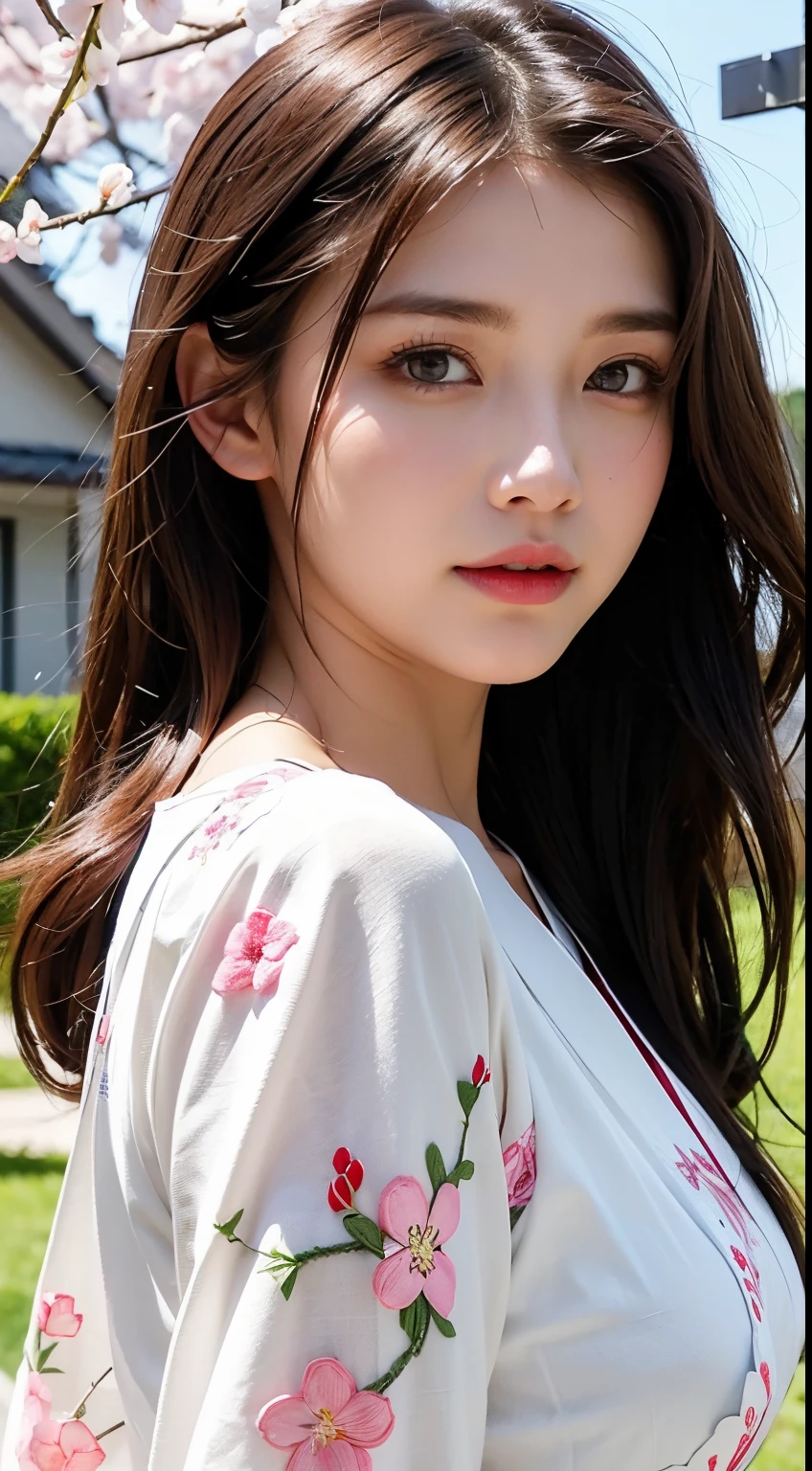 (A logo、masterpiece、8K、masutepiece、Raw photo、Fantastic、Best Quality、8K wallpaper that combines photorealism and high-definition CG、hightquality、ighly detailed、epic poem、Particle effect、Dynamic effects、depth of fields、Cinematic Light、Lens Flare、Ray tracing)、Fantasia、 (Beauty 1 person、White Japanese Clothing、Japanese dress、White cherry blossom pattern、White cherry blossom embroidery pattern、A dark-haired、Beautiful face、Real Face、beautiful details eyes beautiful skin)、Hair flutters in the wind、Hair jumps、Pink cherry blossom tree、Petals flutter、Sakura blizzard、Superb view、morning glow、Sun in the background、the wind、
