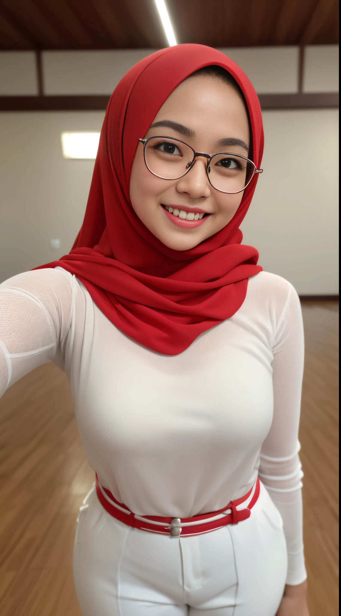 Selfie of a 20yo woman, naked, hijab, glasses, horny