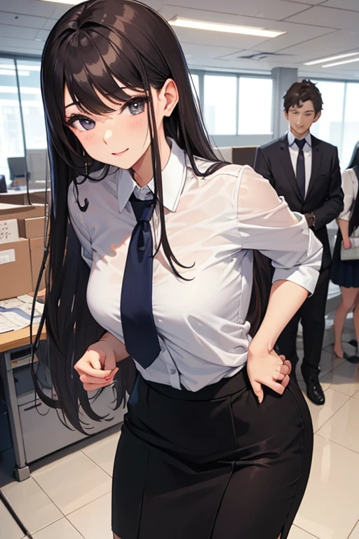 (8K、Highest image quality、highest quality、masterpiece)、detailed face、1 woman、black hair、long hair、forehead、gray eyes、No expression、looking away、big breasts、((white shirt))、((black suit jacket))、((black pencil skirt))、((black pantyhose))、cowboy shot、Are standing、crowded train、