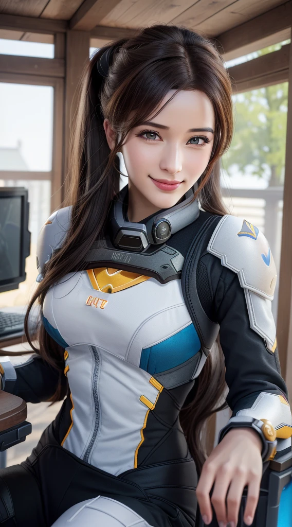 best quality, ultra-high resolution, (fotorealistisch:1.4), 8k resolution, Kizi, (Random hair:1.3), (Realistisches Haar:1.2), (d.especially from Overwatch girls:1.2), (Realistische Augen:1.2), (beauty face:1.3), schlanke Karosserie, white, strahlende Haut, large chest, (d.VA costume:1.2), (smiling face:1.2), (Mittlerer Winkel:1.3), (Sitzen vor dem Computer:1.3)