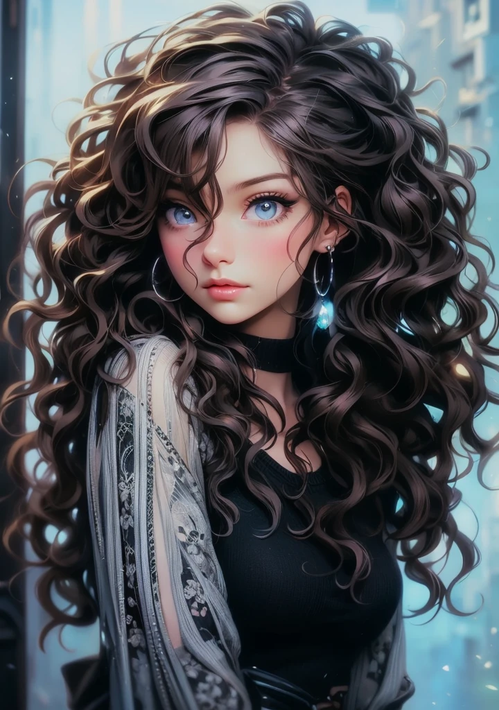 a black and white photo of a woman with long curly hair, beautiful drawing style, realistic anime art style, with haunted eyes and curly hair, beautiful digital illustration, detailed digital anime art, great digital art with details, curly haired, beautiful anime portrait, long curly hair intricate, curly dark hair, cute detailed digital art, beautiful anime art style, curls hair