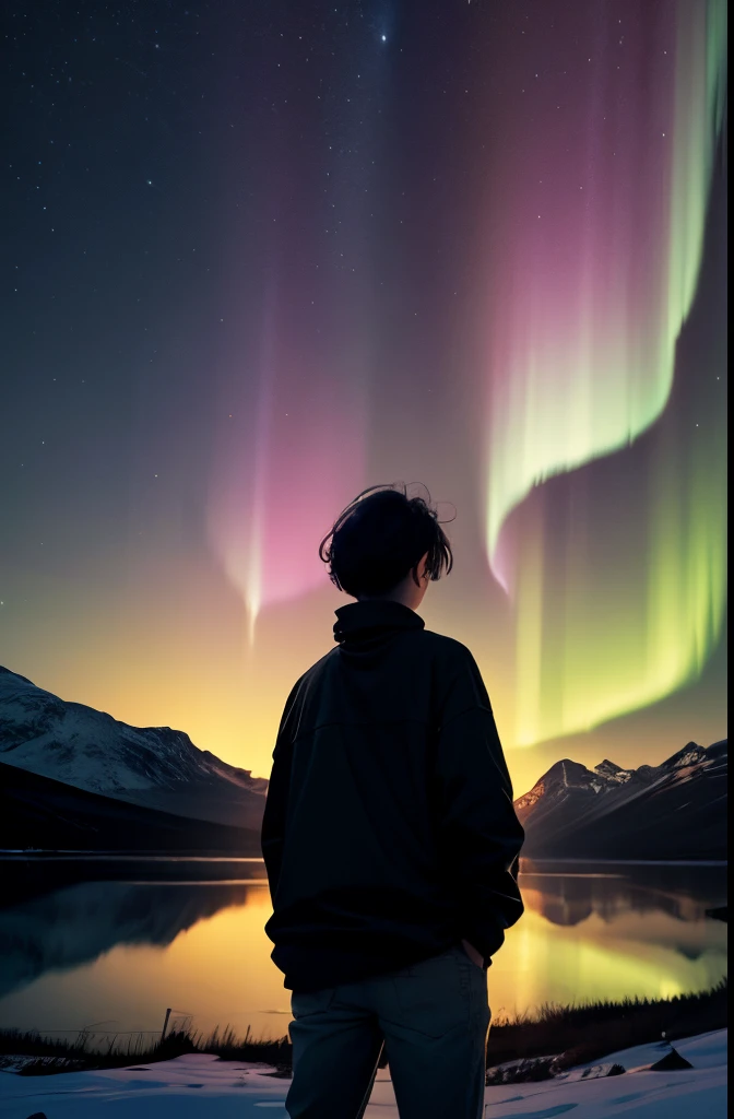 Mid  nonbinary female wearing a long sleeved shirt with hands in pockets looking to the side, away from the camera, silhouetted by the northern lights over a mountain range.