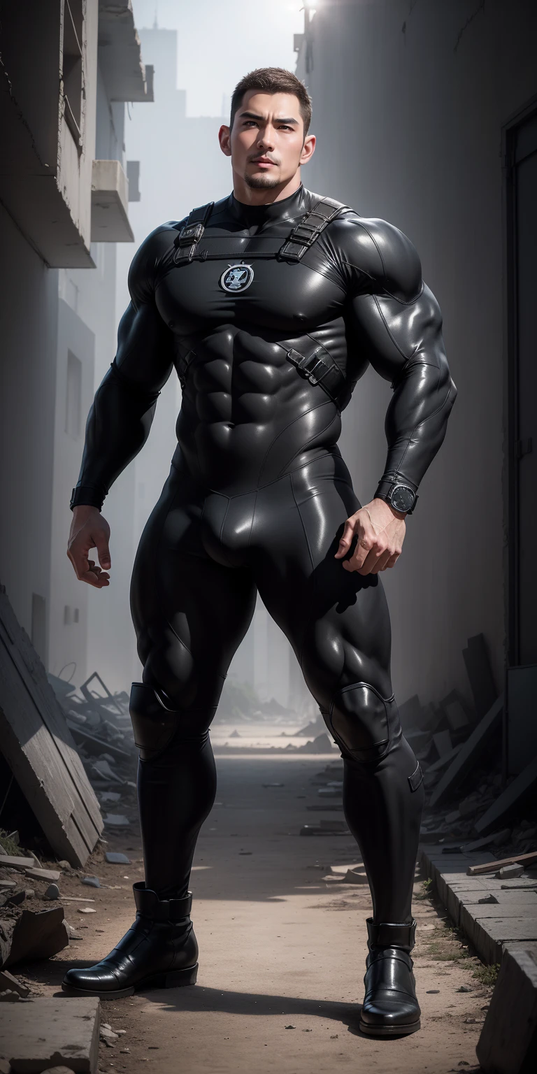 A tall, muscular man 2 meters tall opened his mouth and shouted.,He opened his mouth wide,character design(Resident Evil - Chris Redfield,Chris Redfield)Wearing a shiny dark gray wetsuit,The whole body is wrapped,High-end leather texture,Regular symmetrical texture pattern,Standing alone in the ruins of the city in the open air, There are a lot of huge ballright sunlight shines on the body,There is a round ball on the ground,expression sad,Deep and charming pupilale heroes,heroic masculine pose,Tall and burly,musculous!Sexy and attractive leg muscles,tall, Burly, and strong, Wearing a shiny dark gray wetsuit, Super gain and cool, commission for high resolution, Big feet wearing dark gray boots,Charming strong man,Bright sunlight shines on the body,Reflective and shiny