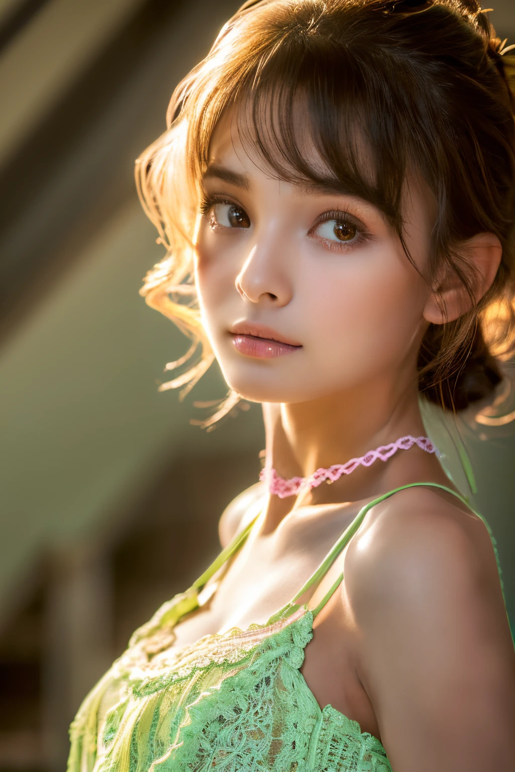 Best Quality, ultra hi res, photoreaslistic, picture of a beautiful girl, Detailed face, Undressing, (Detailed sleeveless crochet lace top with high neckline and scalloped edges、Stairwell with lots of frills and ribbons, (close up of face), Seductive look, looking at another, Random background, Maria,
pure_Innocent_girl, , (((torso))), POV, (((depth of fields))), pale and lustrous skin, (huge-breasted), Neon glow, Random background, Vivid,Detailed, Realistic, Beautiful, stunning lighting, Stunning reflections, sunrises, bokeh mood, striated hair,,