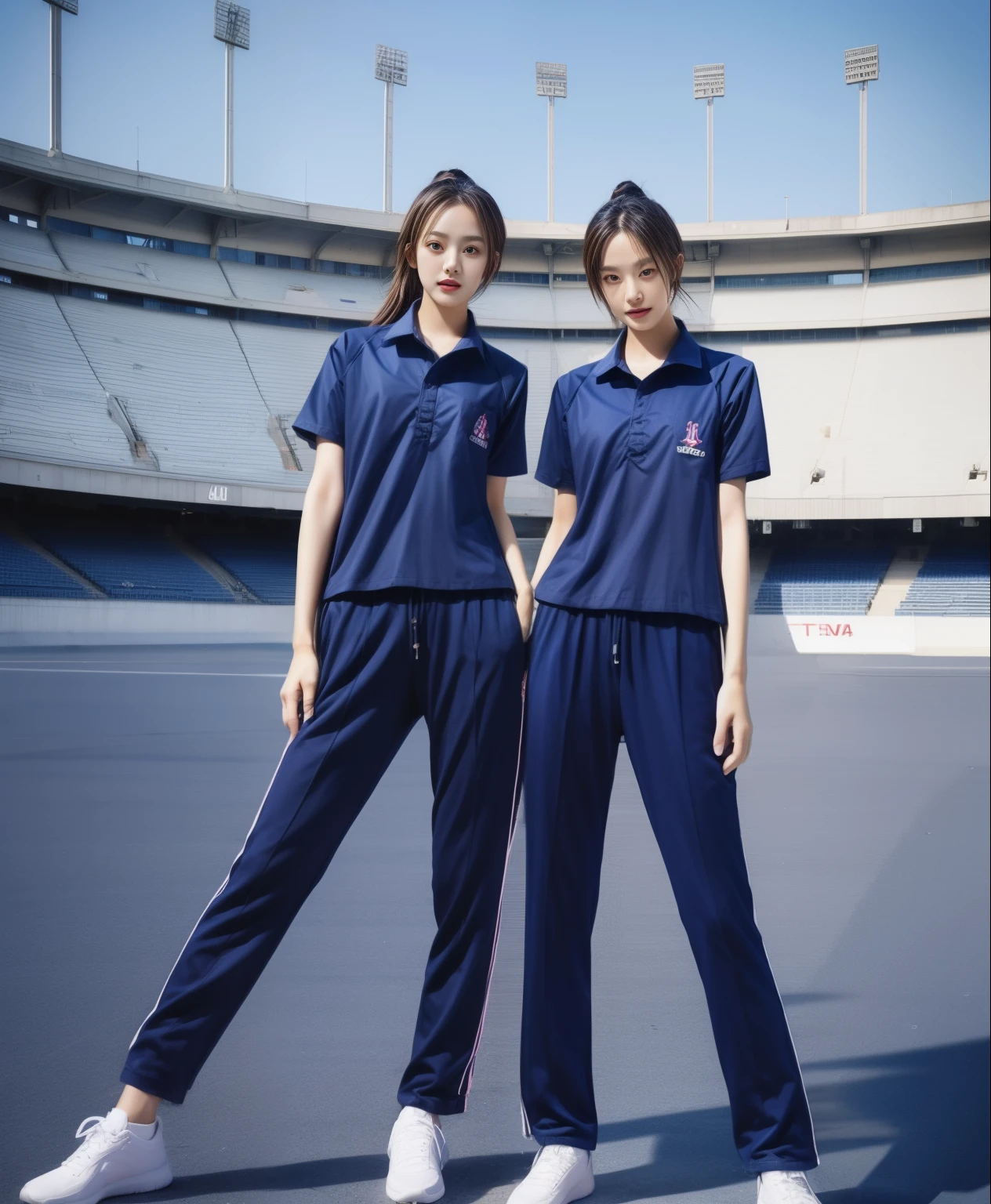 (bestquality,10,10,highres,masterpiece:1.2),ultra-detail,(Realistic,photorealistic portrait,photo-realistic:1.37),1 Cute girl in the football field,oily shiny skin,bara,light smile,BDclothelue shirt:1.3)),short sleeves,shirt, trousers.,(navy_long_Pants Track:1.1), ((Stadium Background:1.3)),dynamic angle,excited,face focus,Dynamic Poses,from behide,Ass Focus,masterpiece, bestquality, ultra realistic, hyper-detail, 8k resolution, RAW photo, crisp focus, ((Navy blue shirt:1.1)), short sleeves, Long Path, Perfect body, 2 mature women, 18yo, cinematic light,Blue sweatpants,Gymware,Correct anatomy,Complete body, Correct body, sharp face, Anatomically correct body, full entire body, Realistic gestures, long-haired, Realistic poses,Wear long shorts..........................................,Long leg span,Shapely,Sculpting Girl, Slender Figure, mannequin mannequins, Shapely, Beautiful body,Blue sweatpants, Two girls kissing