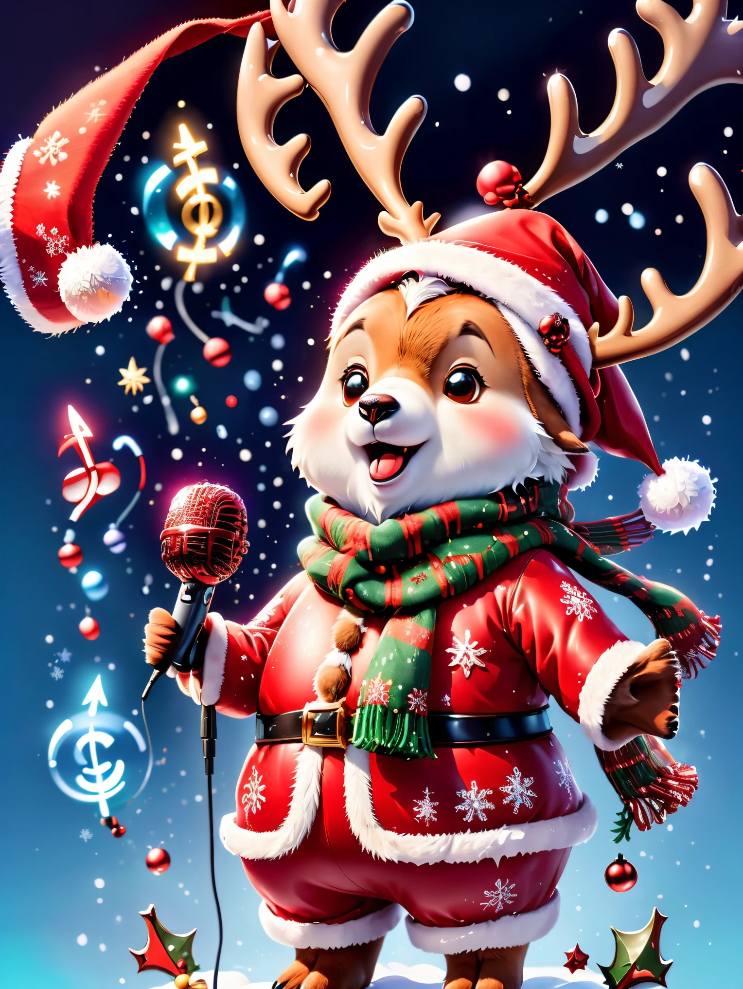 ((1 reindeer wearing a Christmas hat and scarf)),((singing with a microphone)), (((Many syllable symbols floating in the air))),Christmas elements,snowy days,8K, Irridescent color, number art, high high quality, The content is very detailed, 3Drenderingof,vibrant with colorinimal style,Disney style