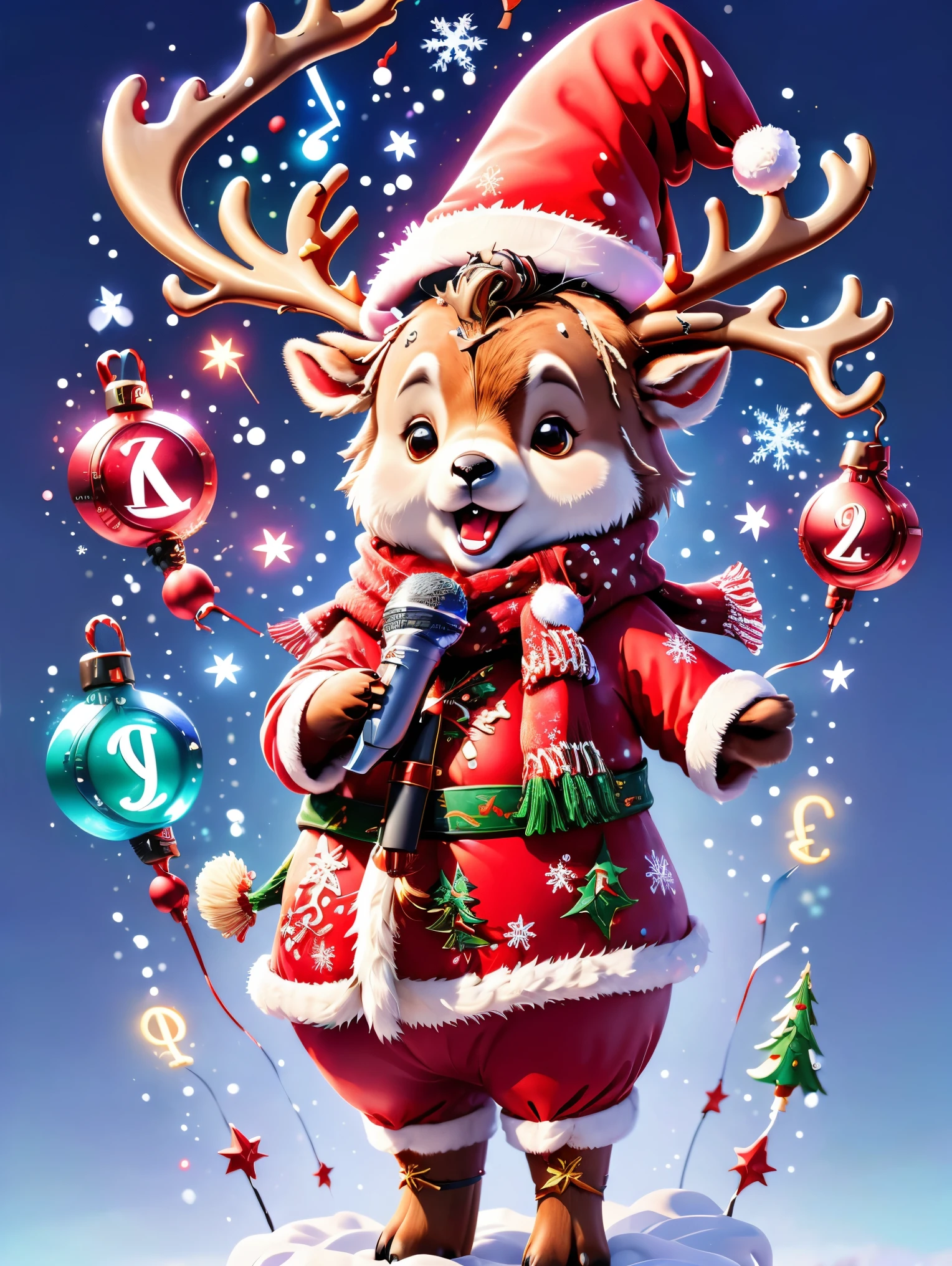 ((1 reindeer wearing a Christmas hat and scarf)),((singing with a microphone)), (((Many syllable symbols floating in the air))),Christmas elements,snowy days,8K, Irridescent color, number art, high high quality, The content is very detailed, 3Drenderingof,vibrant with colorinimal style,Disney style