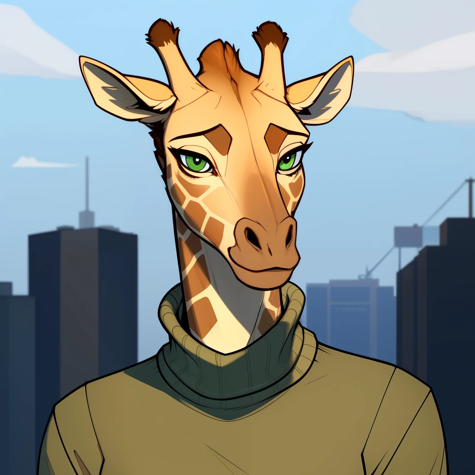 Very_Tall_Lanky_mature_giraffe female khaki_furry_body faded_green_eyes sweater solo giraffe_snout Masterpiece best_quality absurdres highly_detailed cleanly_drawn_eyes anthro_only by_claweddrip, by_greasymojo, by_underscore-b, by_runawaystride