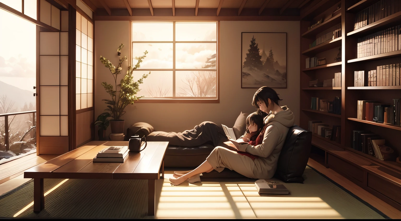 modern Japanese-style home library interior design with a winter nature view. Bookshelves, cozy, dramatic lighting cloudy day, anime couples reading a book together