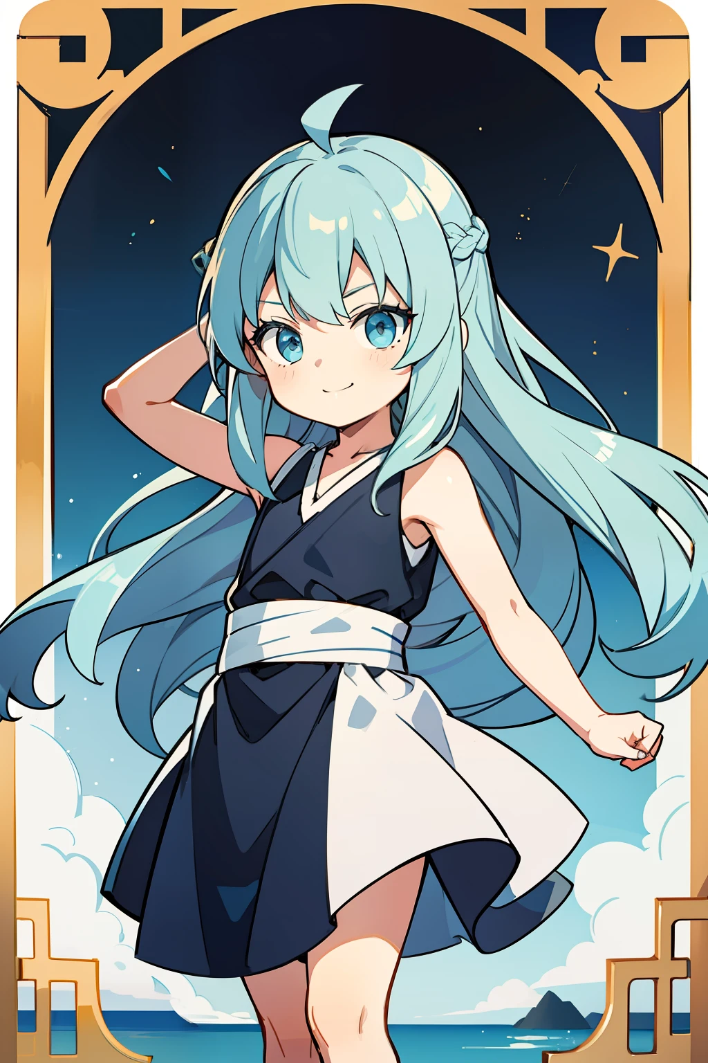 (high-quality, breathtaking),(expressive eyes, perfect face) 1girl, girl, solo, young kid, child, chibi, toddler, long blue hair, green coloured eyes, stylised hair, gentle smile, medium length hair, loose hair, side bangs, curley hair, really spiky hair, spiked up hair, looking at viewer, portrait, ancient greek clothes, blue black and white tunic, white Chlamys, sleeveless, greek, blue and gold sash, ocean background, ribbon accessories in hair, slightly narrow eyes, baby face, baby body, small body, small head, 36½ inches tall, chibi art style