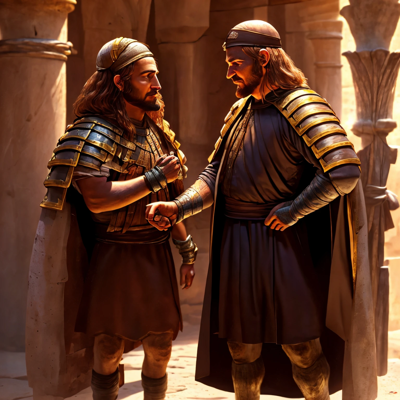 a young male cleric shaking hands with a shabby and thin old male beggar, the atmosphere in front of the house , 1400 years ago Ancient Israel, Biblical Times, 1st century (Best Quality, 4k, 8K, high resolution, Masterpiece: 1.2), Highly detailed, (realistic, Photorealistic, Realistic: 1.37 ) , portrait a, Vibrant colors, studio lighting, Sharp focus, physicased rendering, extreme detailed descriptions, Islamic Topics, 1st century scene, shining light.