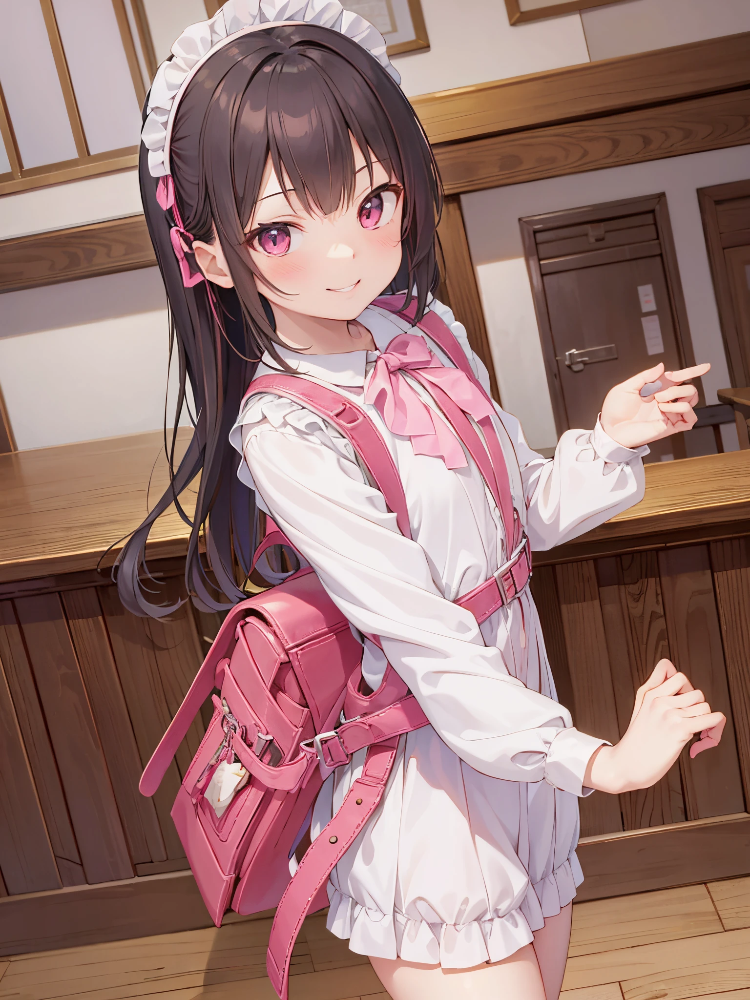 (masutepiece), Best Quality, High resolution, Highly detailed, Detailed background, Perfect Lighting, Indoor, 1girl in, Petite, Looking at Viewer, Petite, Maid Uniform, Adorable smile, Wearing a pink school bag backpack, (Randoseru Backpack:1.0)