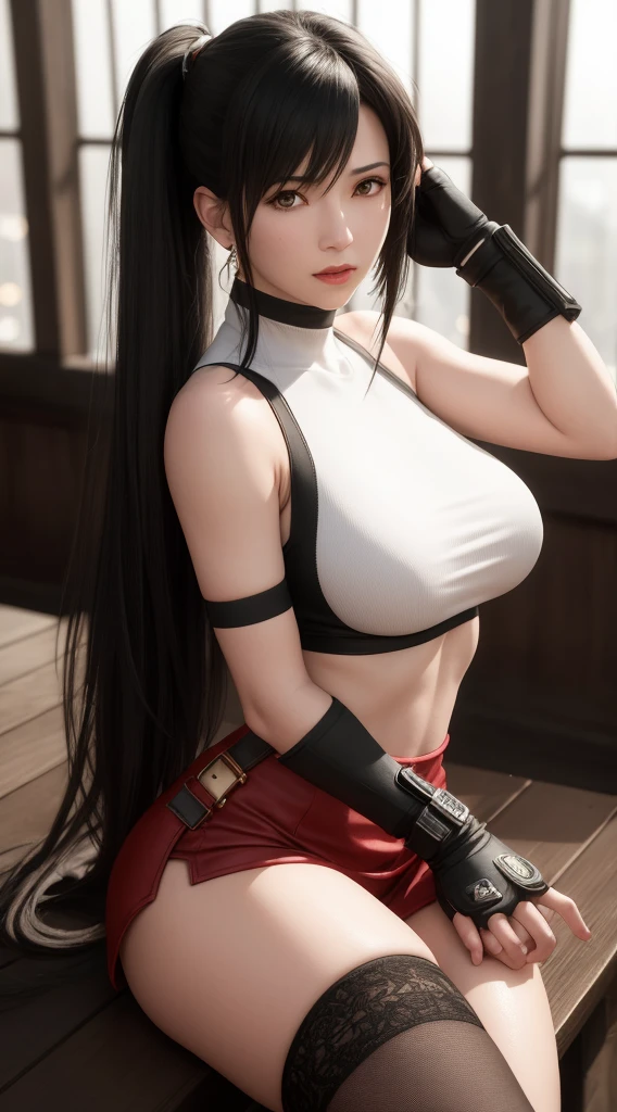 (8k, best quality, masterpiece:1.2), (realistic, photo-realistic:1.37), ultra-detailed,
A detailed portrait of Tifa Lockhart from Final Fantasy VII Remake sitting at a detailed cafe in the cityscape on a date, looking cute and solo with beautiful detailed eyes and a nose blush. She wears a single elbow pad, ankle boots, a black skirt, black thigh-highs, and red boots, along with elbow gloves, elbow pads, and fingerless gloves. Her outfit includes a sports bra, suspender skirt, thigh-highs, and a white tank top. Her full body is visible with her head resting on her hand, showcasing her pretty face, low-tied long hair, and lips. The scene is illuminated with professional lighting, photon mapping, and radiosity, with Tetsuya Nomura Style and a cyber-futuristic feel. The background features yellow flowers and a bokeh effect. Tifa has a small smile and closed mouth.