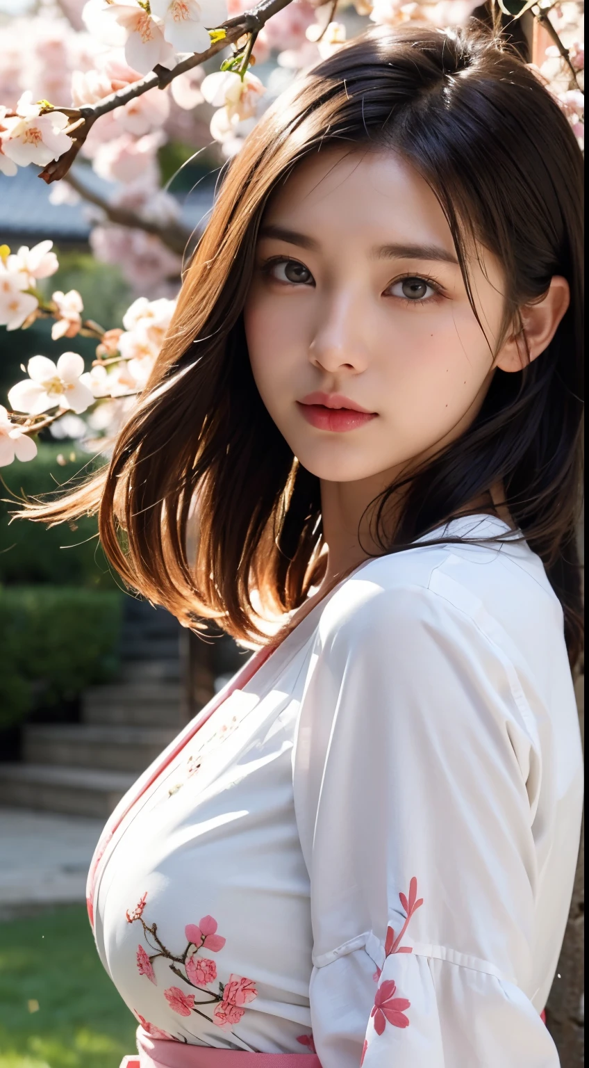 (A logo、​masterpiece、8K、masutepiece、Raw photo、Fantastic、Best Quality、8K wallpaper that combines photorealism and high-definition CG、hightquality、ighly detailed、epic poem、Particle effect、Dynamic effects、depth of fields、Cinematic Light、Lens Flare、Ray tracing)、Fantasia、 (Beauty 1 person、White Japanese Clothing、Japanese dress、White cherry blossom pattern、White cherry blossom embroidery pattern、A dark-haired、Beautiful face、Real Face、beautiful details eyes beautiful skin)、Hair flutters in the wind、Hair jumps、Pink cherry blossom tree、Petals flutter、Sakura blizzard、Superb view、morning glow、Sun in the background、the wind、Deities、tusk、myth、Vast Land、