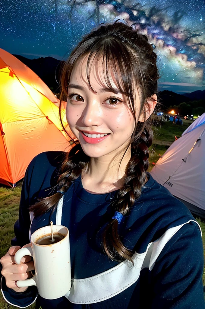 A cute woman similar to An Nakamura、Super clean and slender、Excellent style 、An ultra-high picture quality、extremely delicate face, Skin and hair、((Semi-long chignon hair))、dark brown hair、((Cold mountaineering wear))、((Mountain Girl))、((Tent area at night,colorful tent in the back))、16k image、((night sky full of stars))A very cute Japan detached face、A slender、middlebreasts、Eyes and nose stand out clearly、Gentle eyes、((Gaze at the starry sky with a mug of steaming hot drink))、((A refreshing smile))