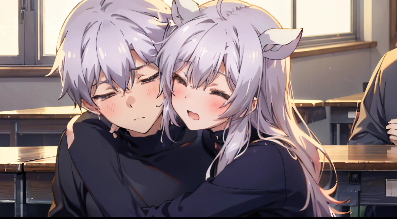 Sheep's horns，Two humanoid sheep boy and girl couple sleeping in bed，bedroom，night，moon，sheep head，boy girl couple，cure，white sheep，One man and one woman，boy girl，Handsome boy with white hair，Girl sweet blonde hair