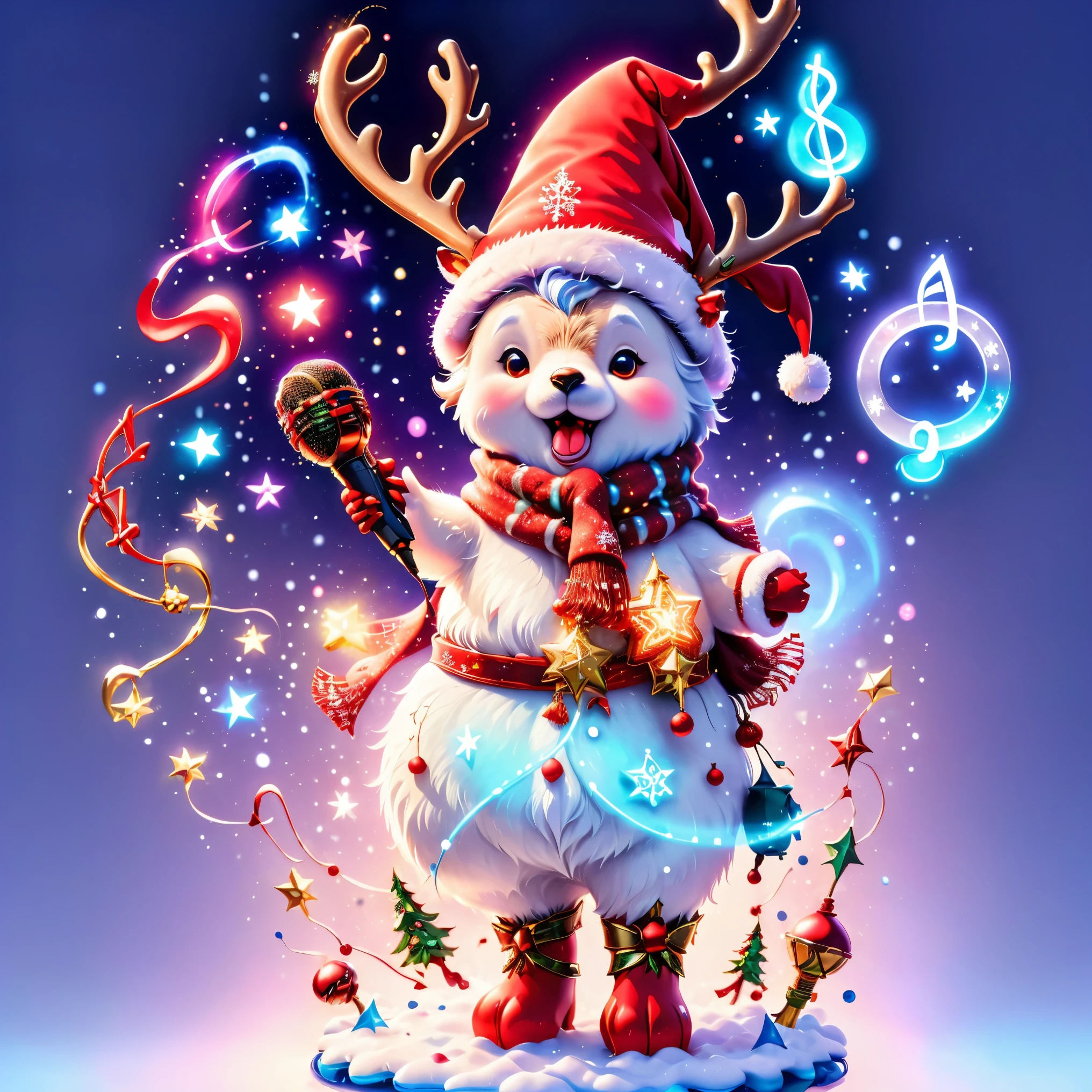 ((1 glowing magical reindeer wearing a Santa hat and scarf))，((Singing with a microphone)), (((Many syllable symbols are floating in the air)))，Christmas elements，Snowy days，8K, Irridescent color, vivd colour