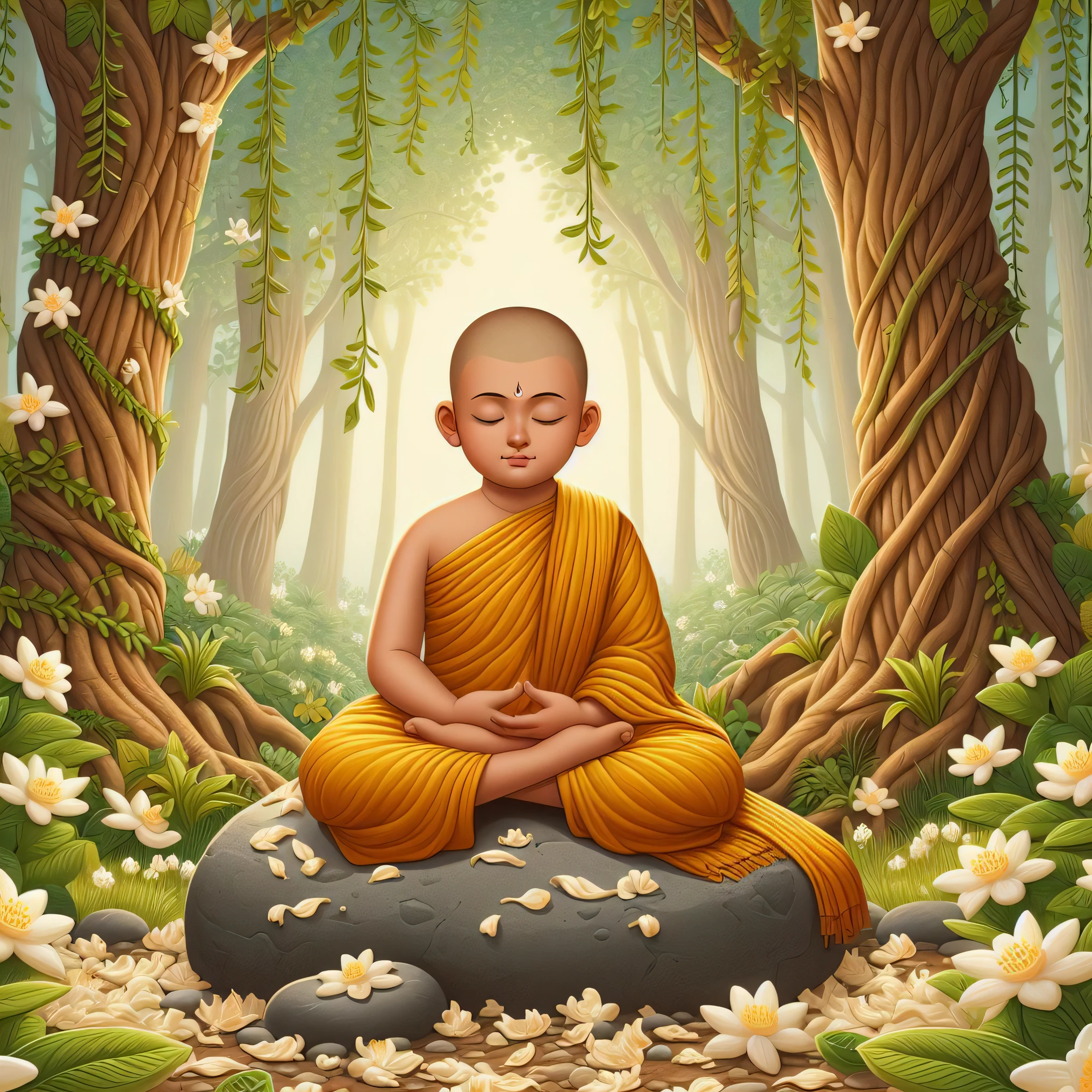 buddha sitting on a rock in the middle of a forest, monk meditate, buddhist monk meditating, buddhism, the buddha, buddhist monk, buddhist, samsara, hindu stages of meditation, on path to enlightenment, serene illustration, meditation, meditating, on the path to enlightenment, zen meditation, concept art of a monk, praying meditating, buddha