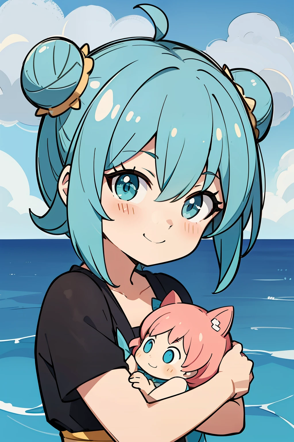 (high-quality, breathtaking),(expressive eyes, perfect face) 1girl, girl, solo, young kid, child, chibi, toddler, long blue hair, green coloured eyes, stylised hair, gentle smile, medium length hair, loose hair, side bangs, curley hair, really spiky hair, spiked up hair, twin buns hairstyle, looking at viewer, portrait, ancient greek clothes, blue black and white tunic, white Chlamys, sleeveless, greek, blue and gold sash, ocean background, ribbon accessories in hair, slightly narrow eyes, baby face, baby body, small body, small head, 36½ inches tall, chibi art style