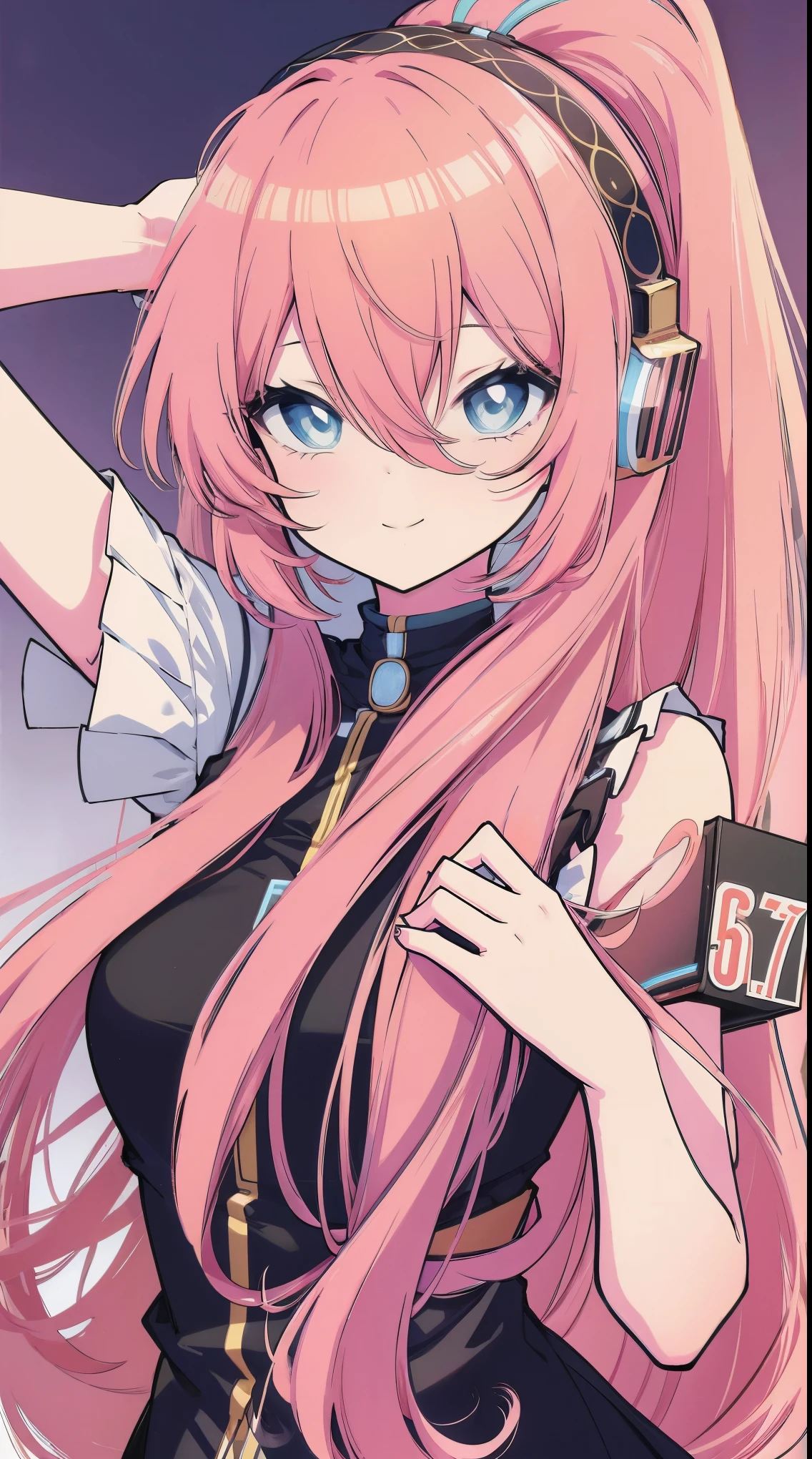 (masterpiece), best quality, (smiling), Luka Megurine, Luka, Vocaloid, pink cat ears, pink cat tail, Luka Megurine, megurine luka, ponytail, pastel blue eyes, pink long hair, hair between eyes, headphones, beautiful background, (dynamic posing), expressive