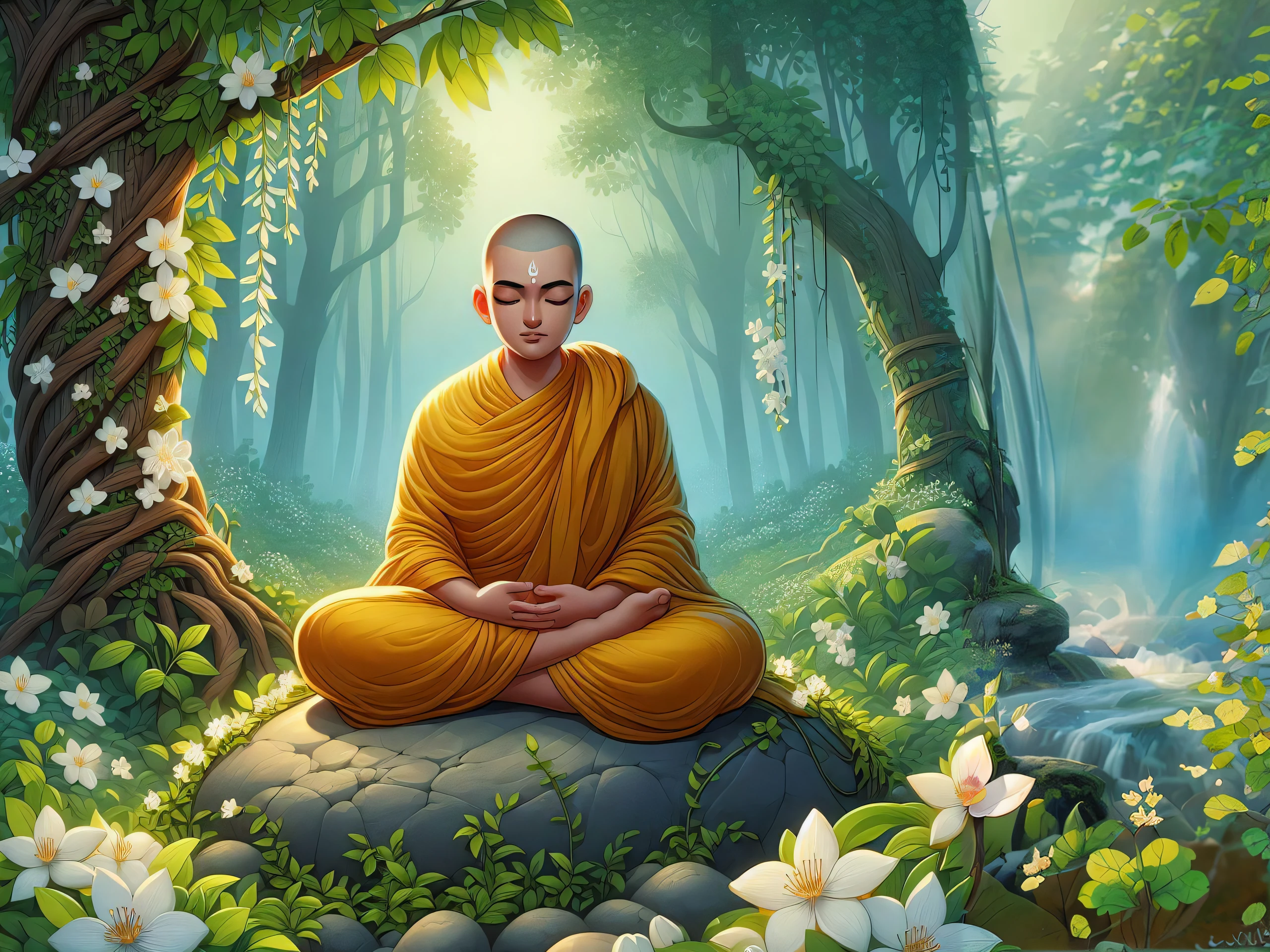 a painting of a monk sitting on a rock in a forest, monk meditate, buddhist monk meditating, buddhism, buddhist monk, on path to enlightenment, hindu stages of meditation, buddhist, on the path to enlightenment, the buddha, samsara, monk clothes, meditating, concept art of a monk, meditation, zen meditation, portrait of monk, spiritual enlightenment