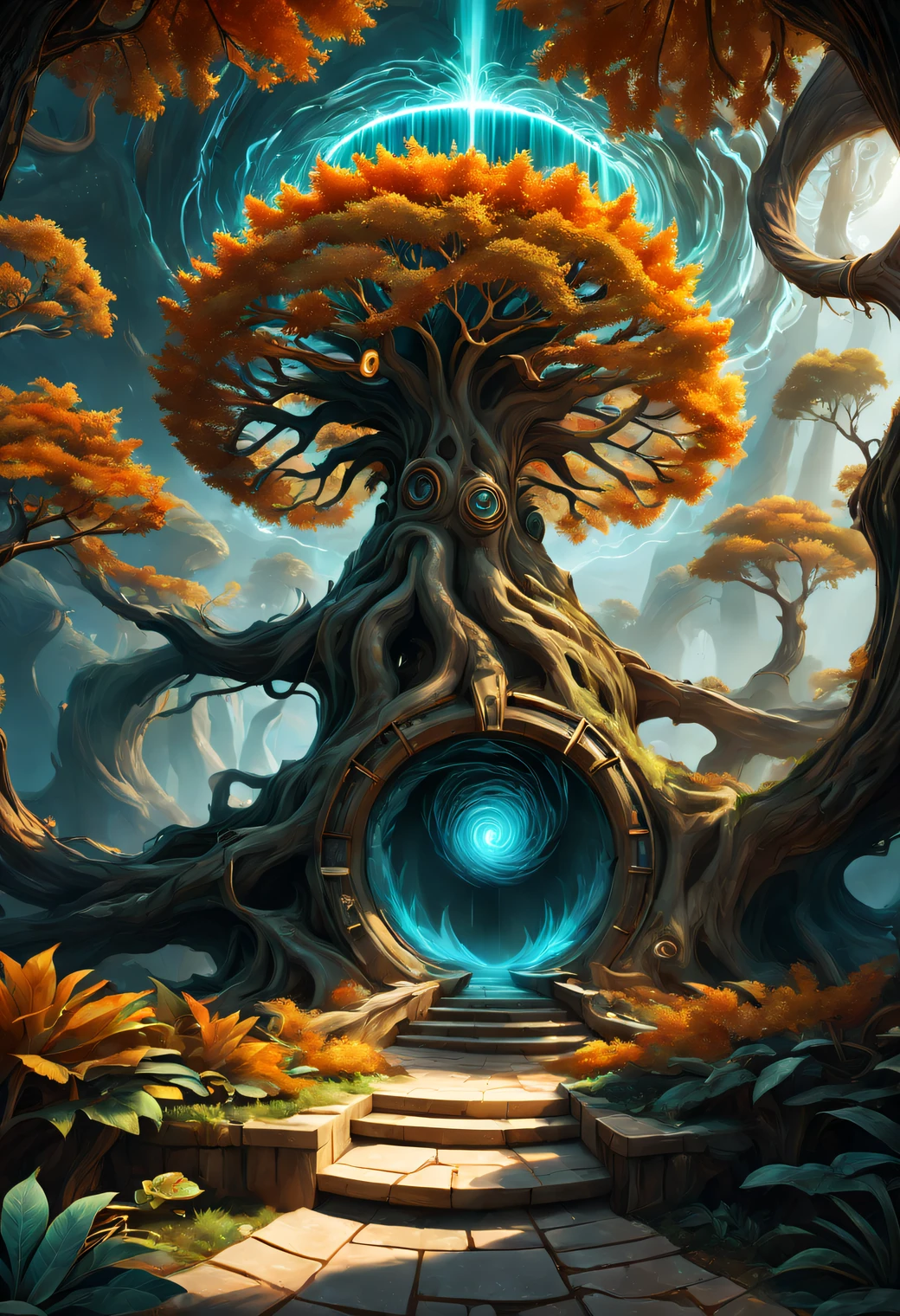 magical plants, Concept art, magical aura:1.3, (A 5,000-year-old tree with a portal to a time slip), (The entrance to the time slip is a mysterious aura vortex), Entrance to time travel to another dimension world, warp zone, Orange tree々, Entrance to the time slip in the center, (masutepiece), (Best Quality), (ultra high detailed)