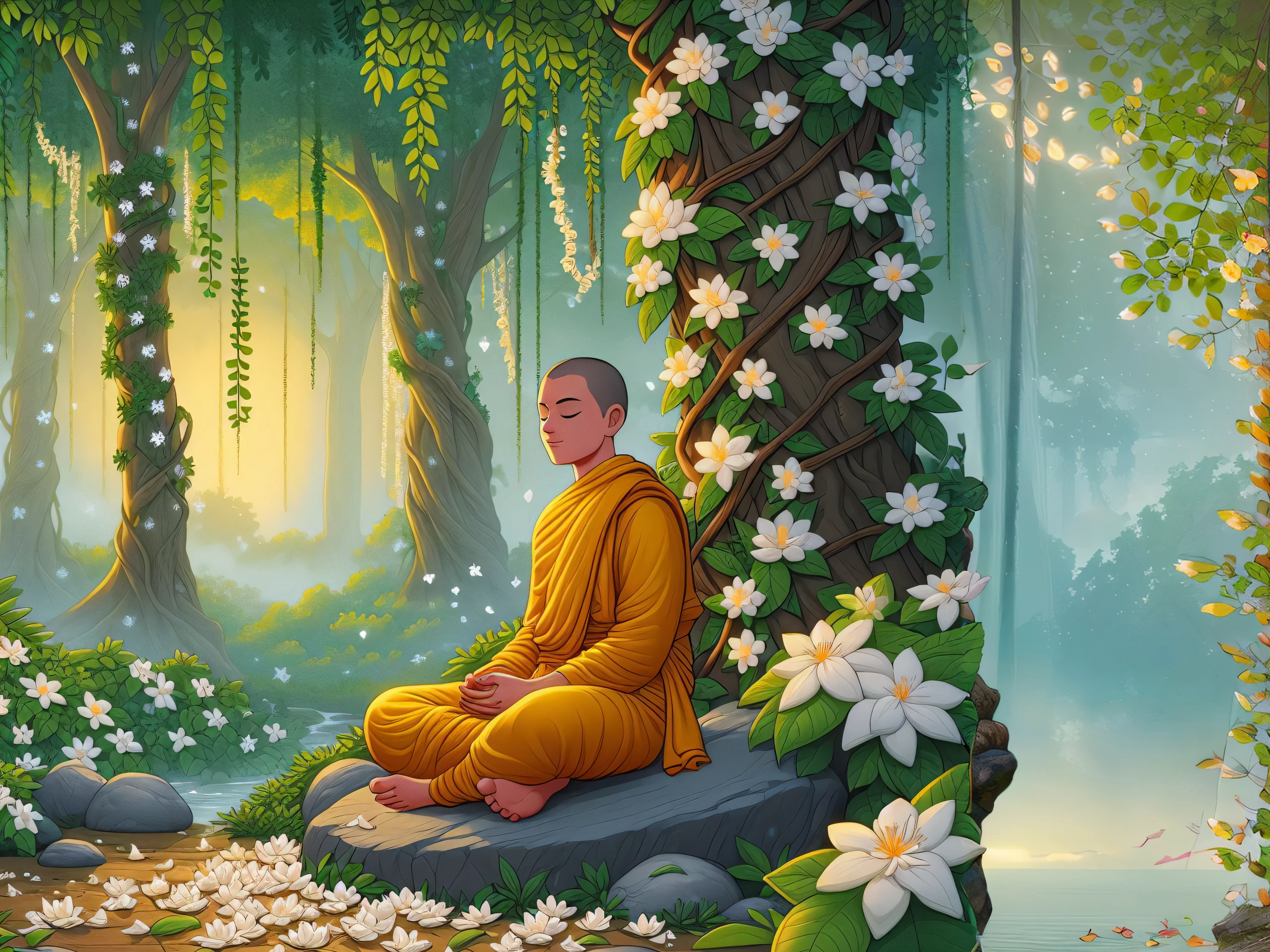 buddha sitting on a rock in a forest with flowers, buddhist monk meditating, monk meditate, buddhism, serene illustration, on path to enlightenment, on the path to enlightenment, the buddha, buddhist monk, hindu stages of meditation, buddhist, meditation, meditating, a beautiful artwork illustration, peaceful lushious forest, zen natural background, meditating in lotus position