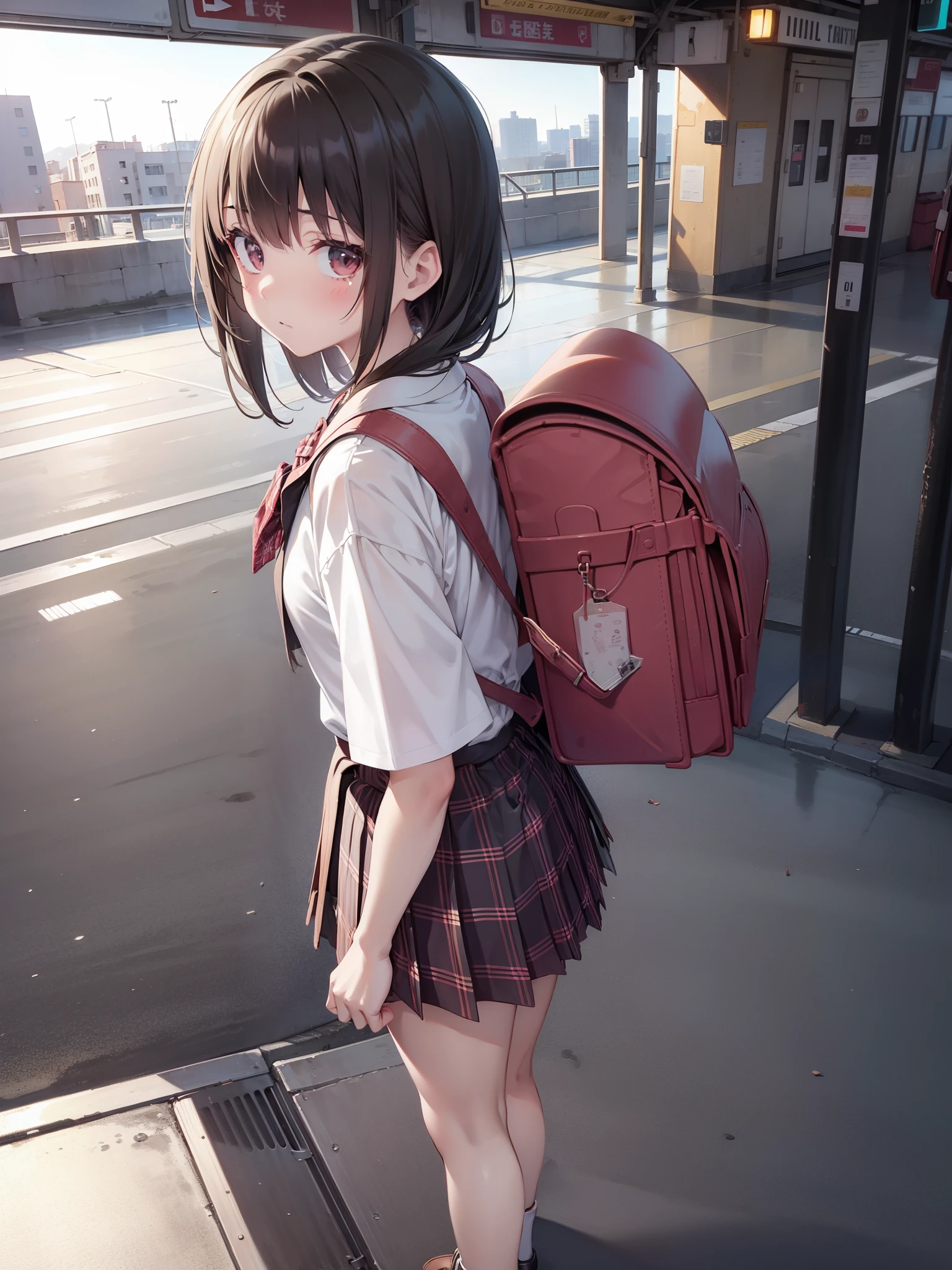 masutepiece, Best Quality, High resolution, Extremely detailed, Detailed background, Cinematic lighting, 1girl in, Looking at Viewer, Wear a plaid shirt, midium skirt, Pleated skirt, Standing, Full body, Wearing a school bag backpack, (Randoseru Backpack:1.0), Sunlight, Waiting train, train station, Stand on the platform , City Girl