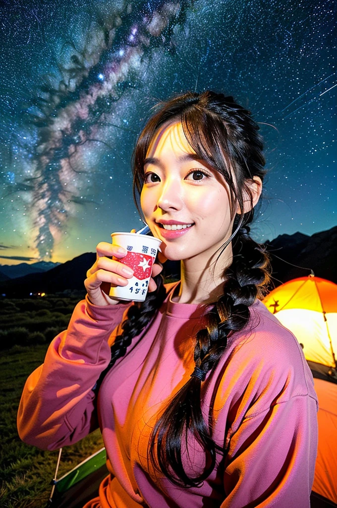 A cute woman similar to An Nakamura、Super clean and slender、Excellent style  、An ultra-high picture quality、extremely delicate face, Skin and hair、((Semi-long chignon hair))、dark brown hair、((Cold mountaineering wear))、((Mountain Girl))、((Tent area at night,A colorful tent in the back))、16k image、((night sky full of stars))A very cute Japan detached face、A slender、middlebreasts、Eyes and nose stand out clearly、Gentle eyes、((hot々Gaze at the starry sky while drinking a hot drink))、((A refreshing smile))