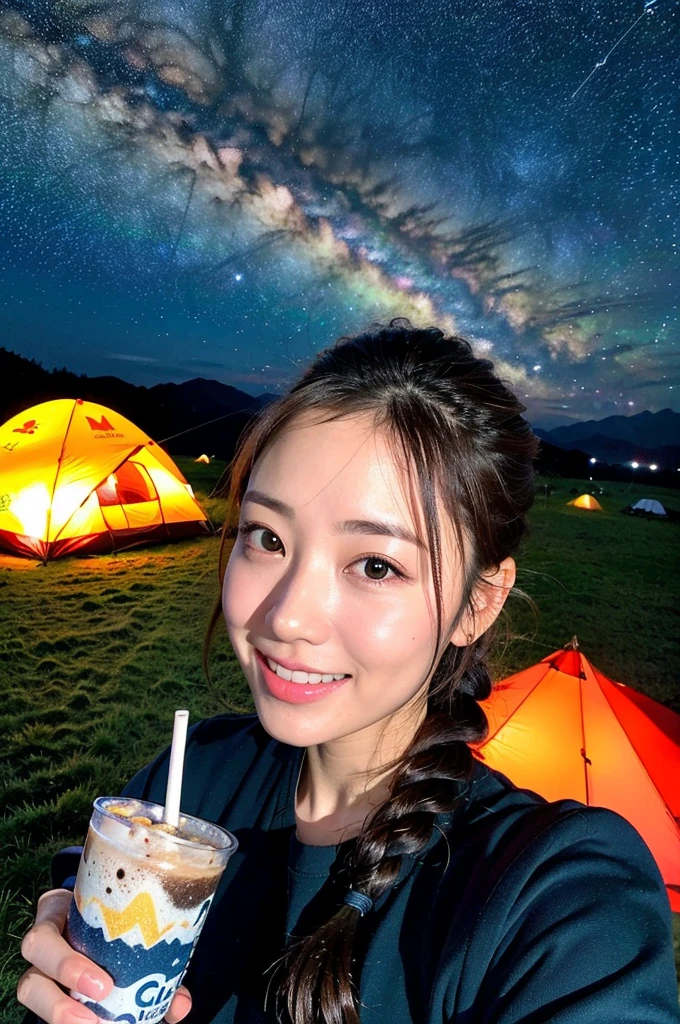 A cute woman similar to An Nakamura、Super clean and slender、Excellent style 、An ultra-high picture quality、extremely delicate face, Skin and hair、((Semi-long chignon hair))、dark brown hair、((Cold mountaineering wear))、((Mountain Girl))、((Tent area at night,A colorful tent in the back))、16k image、((night sky full of stars))A very cute Japan detached face、A slender、middlebreasts、Eyes and nose stand out clearly、Gentle eyes、((hot々Gaze at the starry sky while drinking a hot drink))、((A refreshing smile))