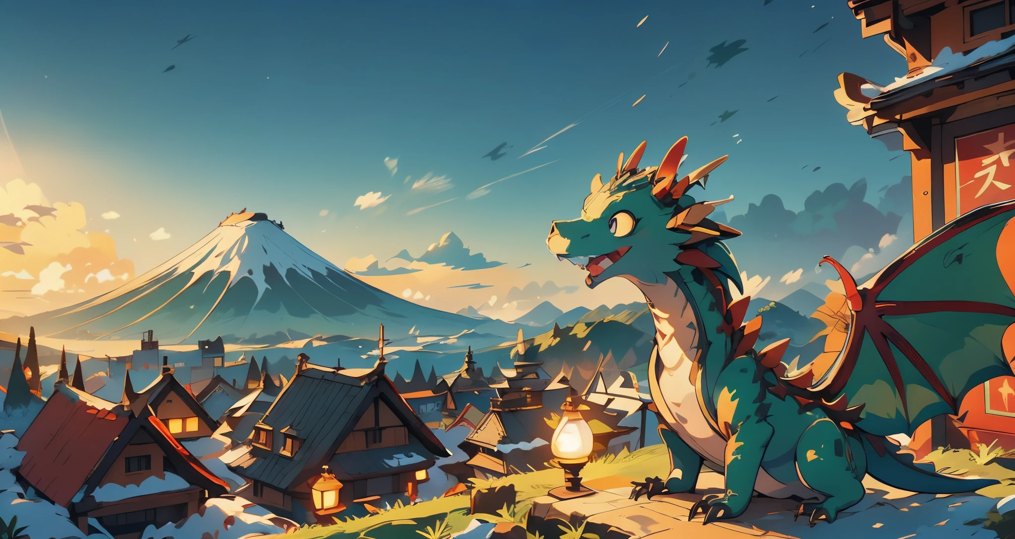 (dragon)，early morning, drak,smiling Dragon,Oriental Dragon,(New Year's card)，adolable，sunrises,(Happy New Year:1.5),Spring, Mt fuji,outdoor sunrise