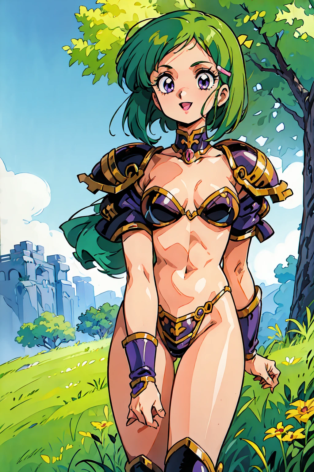 "(masterpiece:1.1), best quality,
1girl, (80s anime style:1.3), (eyelashes:1.5),
(intricate high detailed body:1.2),
(green hair:1.1), (hair slicked back:1.2), (medium hair, two side up:1.2), (animal ears:1.1),
brown eyes, (red lip stick:1.3),
(gigantic breasts:1.1),
(shy:1.2), (blush:1.1),
(bikini armor:1.2),
(knight armor, armored boots:1.2), (fur:1.1), (accessories:1.1), long gloves,
standing, hand on hip,
(dynamic pose:1.1), (full body, looking at viewer, from front:1.1),
(daytime, woods, waterside, outdoors:1.2)"