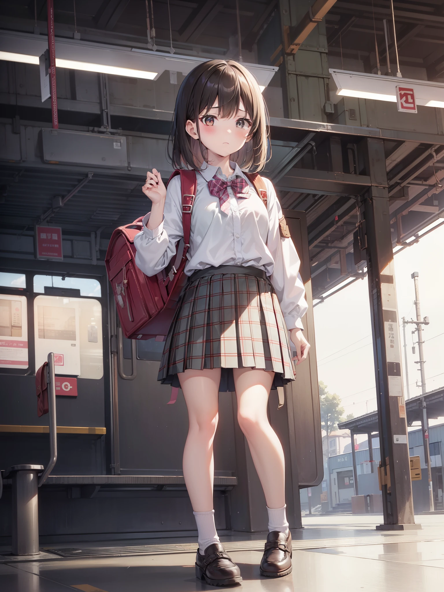 masutepiece, Best Quality, High resolution, Extremely detailed, Detailed background, Cinematic lighting, 1girl in, Looking at Viewer, Wear a plaid shirt, midium skirt, Pleated skirt, Standing, Full body, Wearing a school bag backpack, (Randoseru Backpack:1.0), Sunlight, Waiting train, train station, Stand on the platform , City Girl