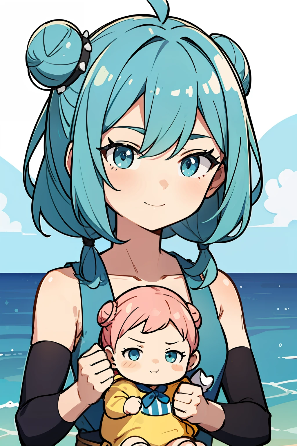 (high-quality, breathtaking),(expressive eyes, perfect face) 1girl, girl, solo, young kid, child, chibi, toddler, long blue hair, green coloured eyes, stylised hair, gentle smile, medium length hair, loose hair, side bangs, curley hair, really spiky hair, spiked up hair, twin buns hairstyle, looking at viewer, portrait, ancient greek clothes, blue black and white tunic, white Chlamys, sleeveless, greek, blue and gold sash, ocean background, ribbon accessories in hair, slightly narrow eyes, baby face, baby body, small body, small head, 36½ inches tall, chibi art style