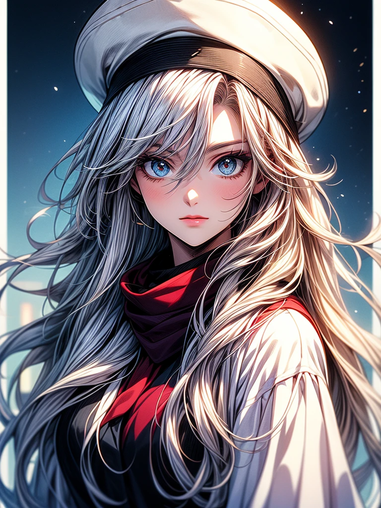 anime girl with long white hair wearing a white hat and scarf, perfect white haired girl, anime girl with long hair, beautiful anime art style, with white long hair, beautiful anime portrait, white haired, cute art style, silver hair girl, girl with white hair, beautiful anime style, with long white hair, girl silver hair, portrait anime girl