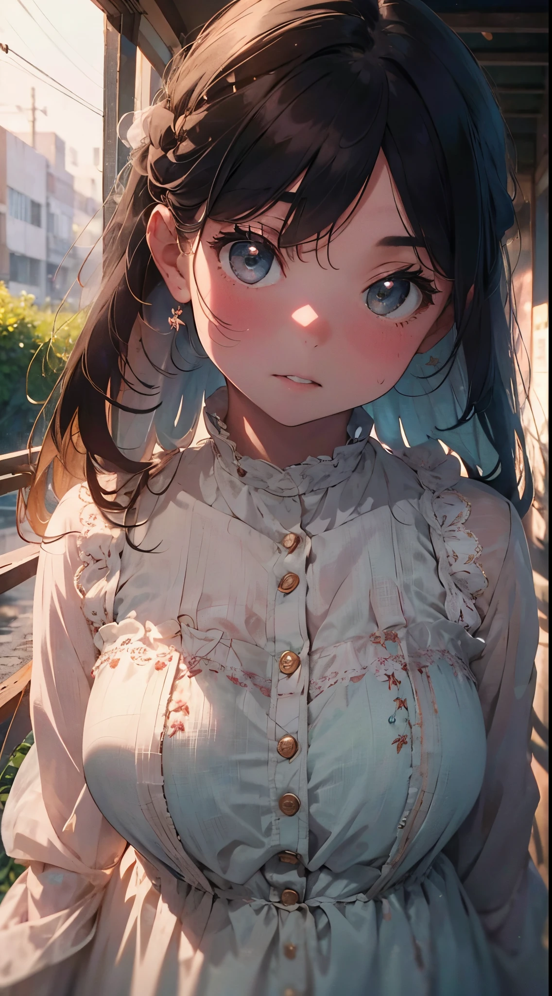 shy girl, a delicate bloom in a soft-hued frock that mirrors the subtlety of her demeanor. Her eyes, pools of gentle vulnerability, cast fleeting glances towards the ground, revealing a quiet world of introspection.Her fair complexion carries a hint of blush, like the first rosy hues of dawn, as if she's caught in the delicate balance between the warmth of her emotions and the soft glow of diffidence. Tresses of chestnut hair partially veil her face, an unintentional curtain that adds to the aura of modesty.The frock she wears is a whisper in pastels – a blend of muted lavender, blush pink, and pale mint. The fabric drapes in modest folds, gracefully skirting the line between elegance and reserve. The dress, adorned with subtle floral embroidery, speaks of a silent beauty that doesn't demand attention but captivates nonetheless.Picture her in a quiet garden, surrounded by the fragrance of blossoms. The shy girl becomes a fleeting presence amid the dappled sunlight, where the soft colors of her frock harmonize with the muted tones of nature. The scene captures a moment of quiet contemplation, a delicate pause in the symphony of life.Through the lens of a camera, this image would focus on capturing the nuanced expressions and the gentle sway of her attire. The shy girl, adorned in her understated frock, becomes a poignant visual narrative, inviting the viewer to share in the subtleties of her introspective world..
