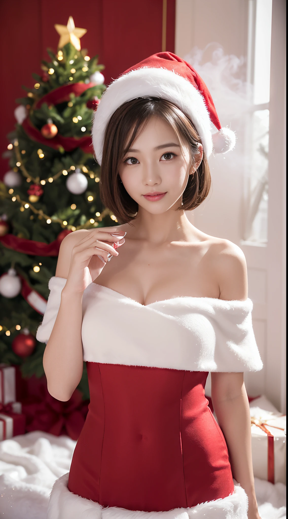 DV_Enthusiastic pose, Chuan Ning (Off-the-shoulder red Christmas dress,Decorated in white:1.3) ((red christmas hat ,White fur trim,)) ((Cinematic)) (Pink theme) (Red Wall, Christmas tree, Christmas lights, Red smoke bombs:1.3) (35mm, F/2.8) (Extremely detailed and complex, peculiarity, ultra minimalistic, Elegant, The beautiful, Revealing the, Attractive, Attractive, In love, hyper realisitc, ultra - detailed, , Heretic Burn, Heretic Flare, (lens flare glow:1.3), (rethink:1.2)) smiling at viewer, A thin body, tonedbody, Abdominal muscles heavy bokeh, light snowflakes