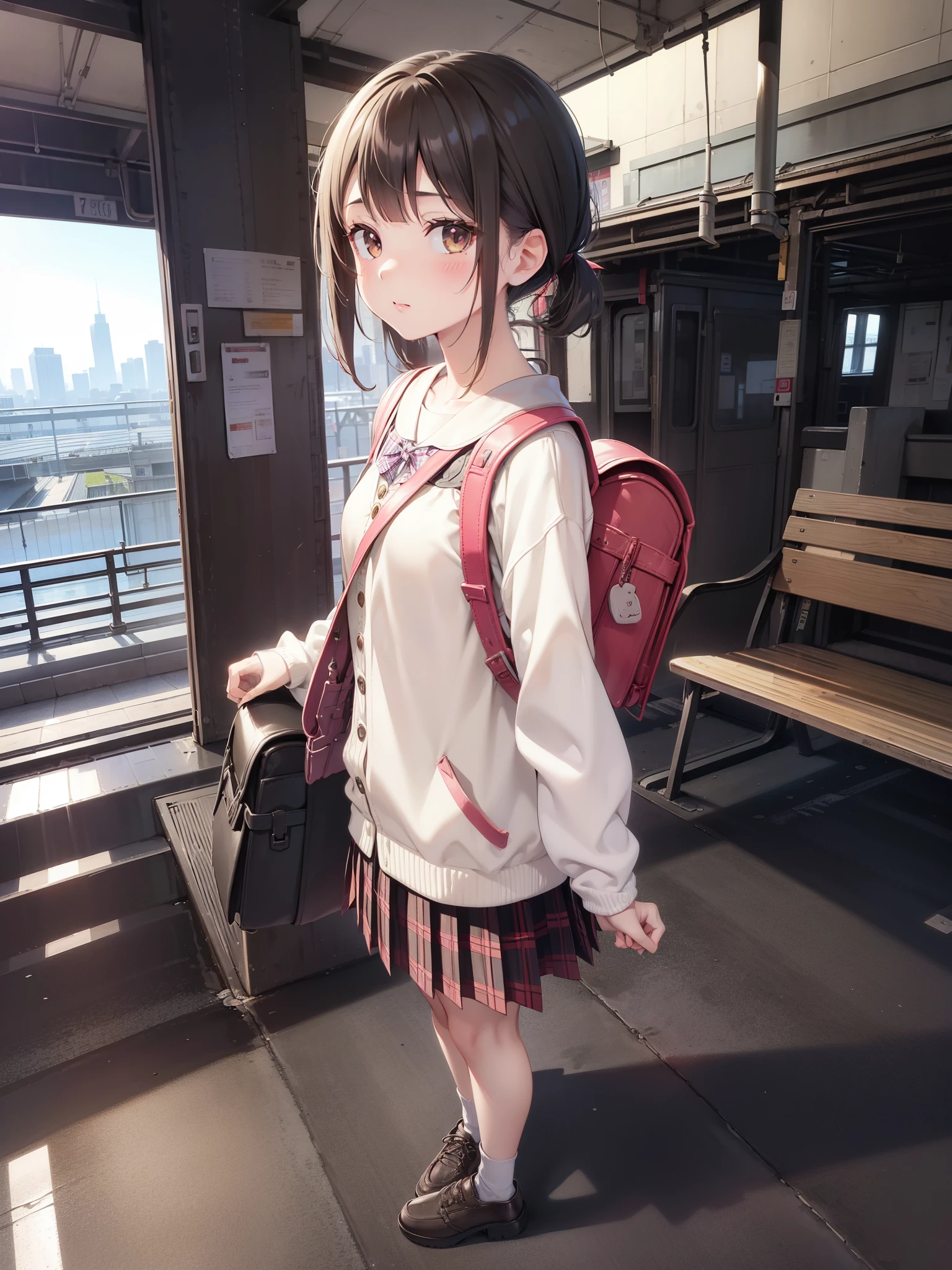 masutepiece, Best Quality, High resolution, Extremely detailed, Detailed background, Cinematic lighting, 1girl in, Looking at Viewer, Wear a plaid shirt, midium skirt, Pleated skirt, Standing, Full body, Wearing a school bag backpack, (Randoseru Backpack:1.0), Sunlight, Waiting train, train station, Stand on the platform , City Girl