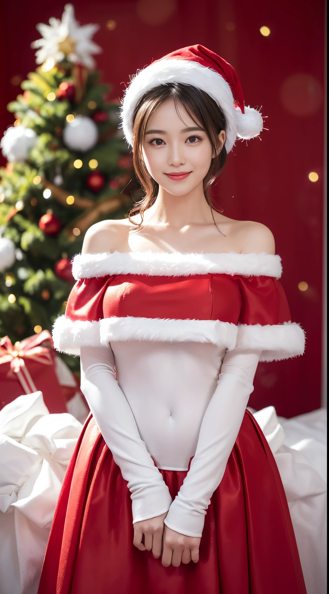 DV_Enthusiastic pose, Chuan Ning (Off-the-shoulder red Christmas dress,Decorated in white:1.3) ((red christmas hat ,White fur trim,)) ((Cinematic)) (Pink theme) (Red Wall, Christmas tree, Christmas lights, Red smoke bombs:1.3) (35mm, F/2.8) (Extremely detailed and complex, peculiarity, ultra minimalistic, Elegant, The beautiful, Revealing the, Attractive, Attractive, In love, hyper realisitc, ultra - detailed, , Heretic Burn, Heretic Flare, (lens flare glow:1.3), (rethink:1.2)) smiling at viewer, A thin body, tonedbody, Abdominal muscles heavy bokeh, light snowflakes