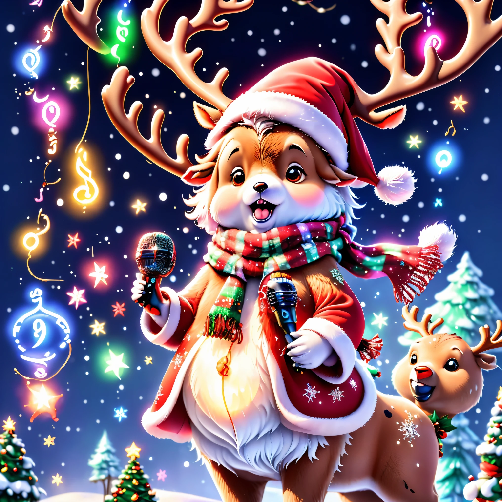 ((1 glowing magical reindeer wearing a Santa hat and scarf))，((Singing with a microphone)), (((Many syllable symbols are floating in the air)))，Christmas elements，Snowy days，8K, Irridescent color, vivd colour