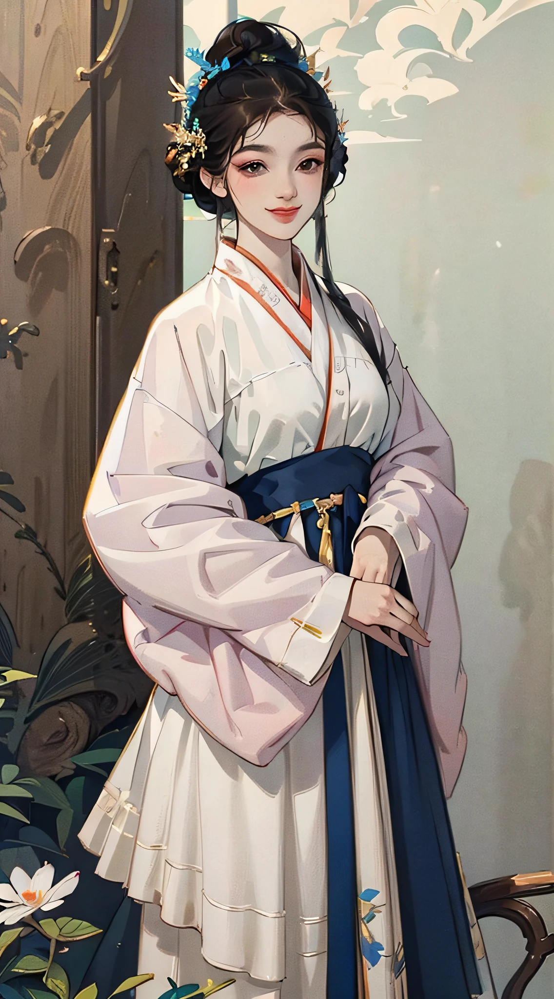 Sleeping, there is a woman in a blue robe holding a flower, highly detailed kimono, inspired by Shen Shizhen, pale and colorful kimono, highly detailed costume really renders clothing, very detailed and rich costumes, with ancient Chinese clothing, fantastic designer 3d rendering, April rendering, smooth 3d CG rendering, flowing realistic fabrics, elegant yukata outfit