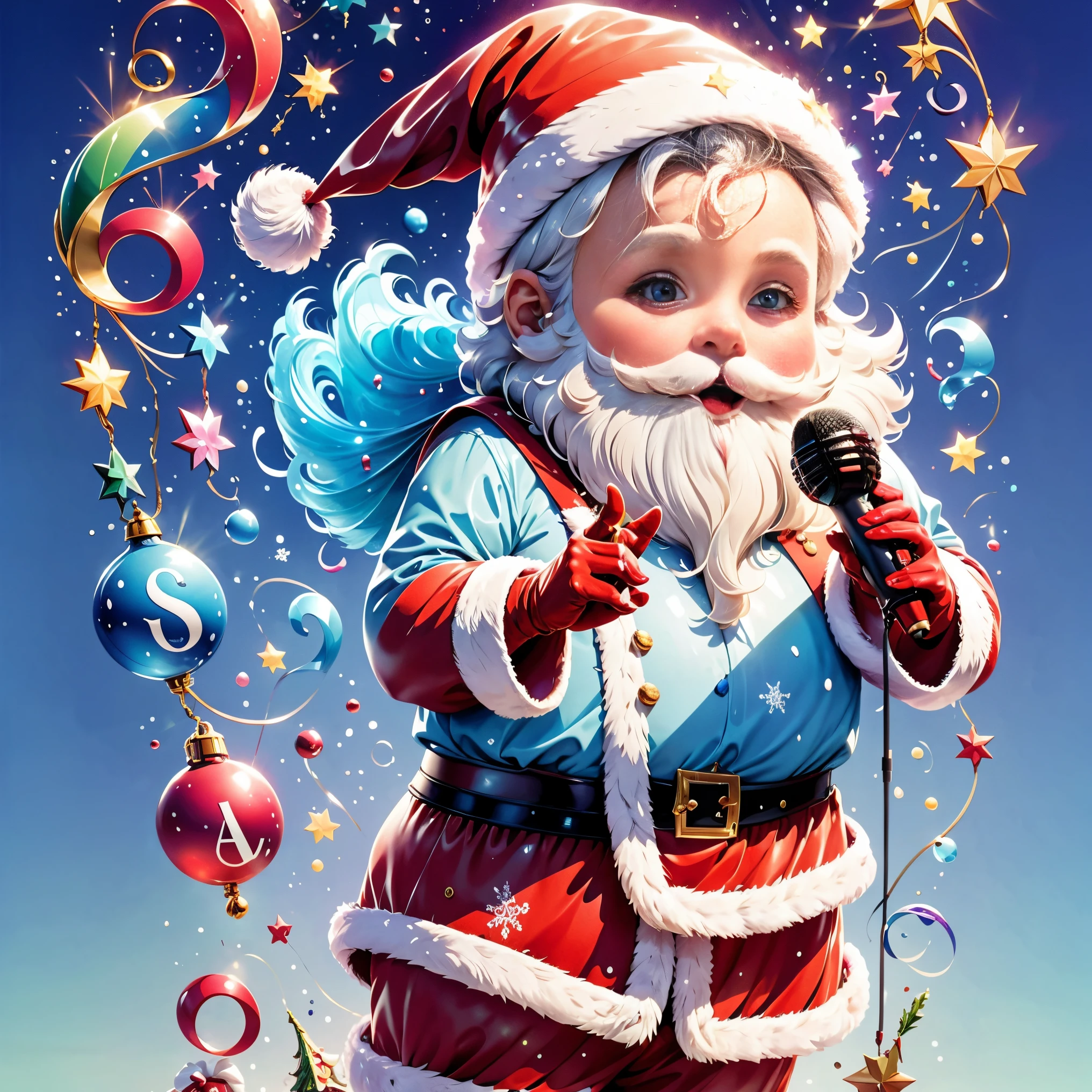 ((1 cute Santa Claus))，((Singing with a microphone)), (((Many syllable symbols are floating in the air)))，Christmas elements，Snowy days，8K, Irridescent color, vivd colour