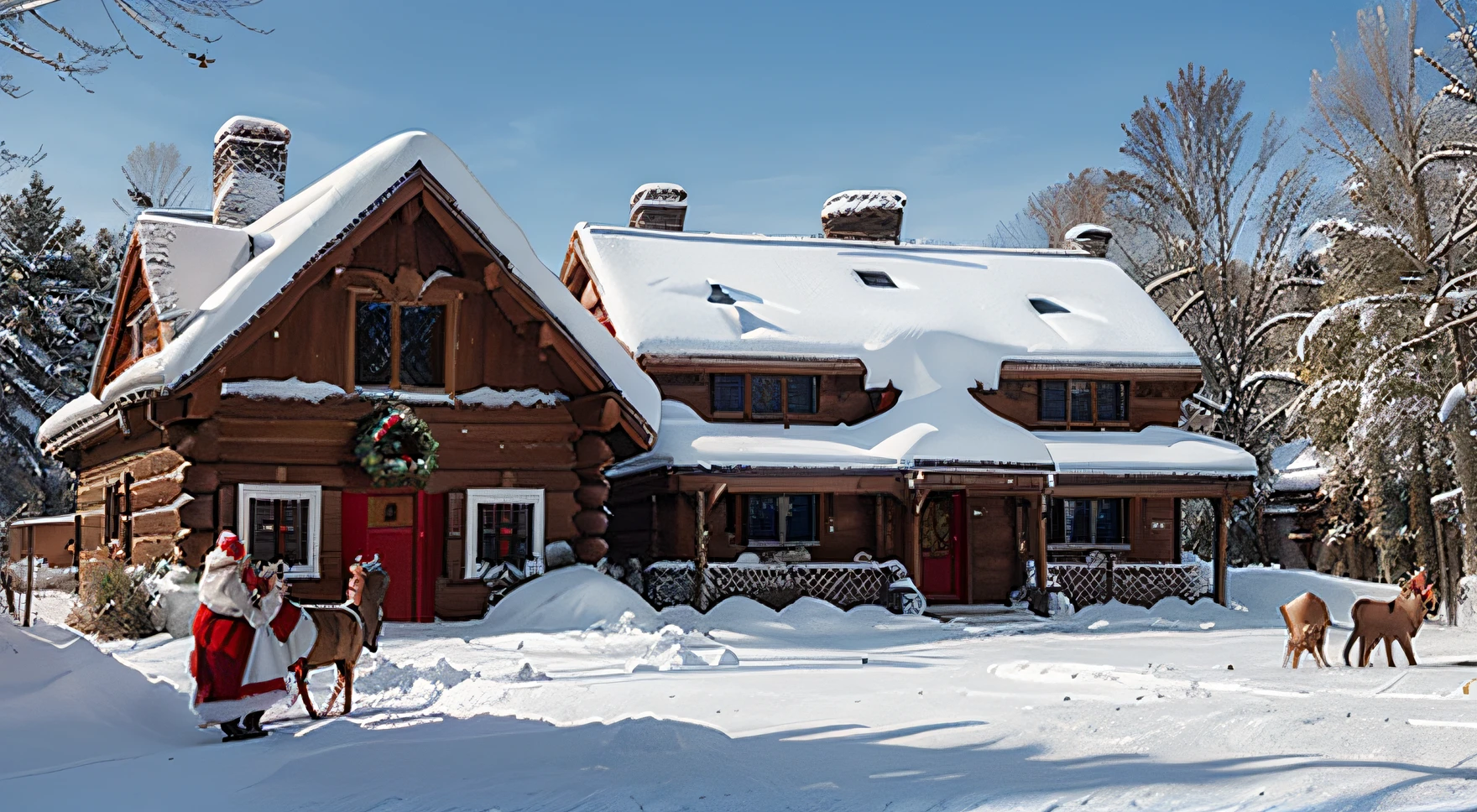 In the world of  and snow，There is a big wooden house；There is a Santa Claus wearing a red hat in front of the wooden house，Sleighs and elk are waiting nearby，Get ready to give gifts to the children