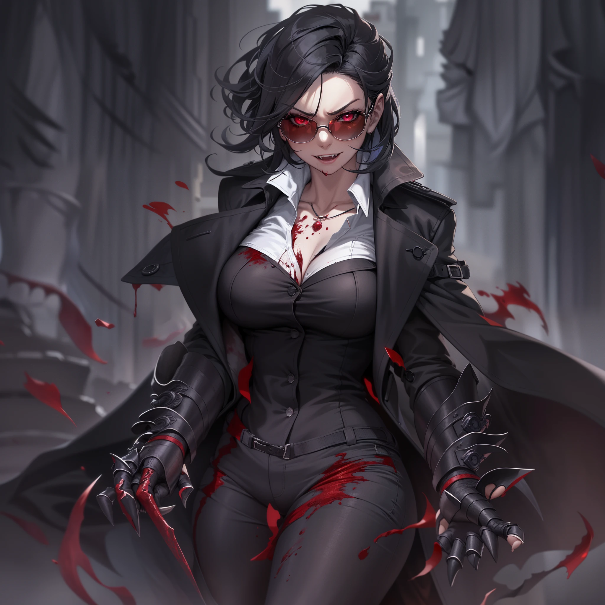 (High resolution, best quality, masterpiece) detail, intricate detail, realism, 1female, ((solo_focused)), single, one woman, physically fit, curvy, pale skin, vampire, fierce expression, dark eyes, (detailed eyes), red_rimmed eyes, sharpened fangs, black hair, short hair, full body, ((detailed hands)), ((pointed finger)), medium breast, beautiful, mature, dark aura surrounding her, malevolent energy, (topwear:(((shirt:black, trench_coat:black)), handwear:((gauntles) botottomwear:(pantlue))), blood dripping, glasses, dark tinted glasses, grinning, cocky expression, menacing, blood spatter, gore, haunted expression,