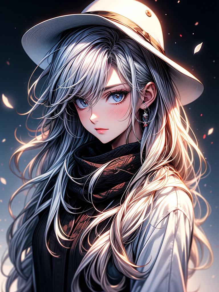 anime girl with long white hair wearing a white hat and scarf, perfect white haired girl, anime girl with long hair, beautiful anime art style, with white long hair, beautiful anime portrait, white haired, cute art style, silver hair girl, girl with white hair, beautiful anime style, with long white hair, girl silver hair, portrait anime girl