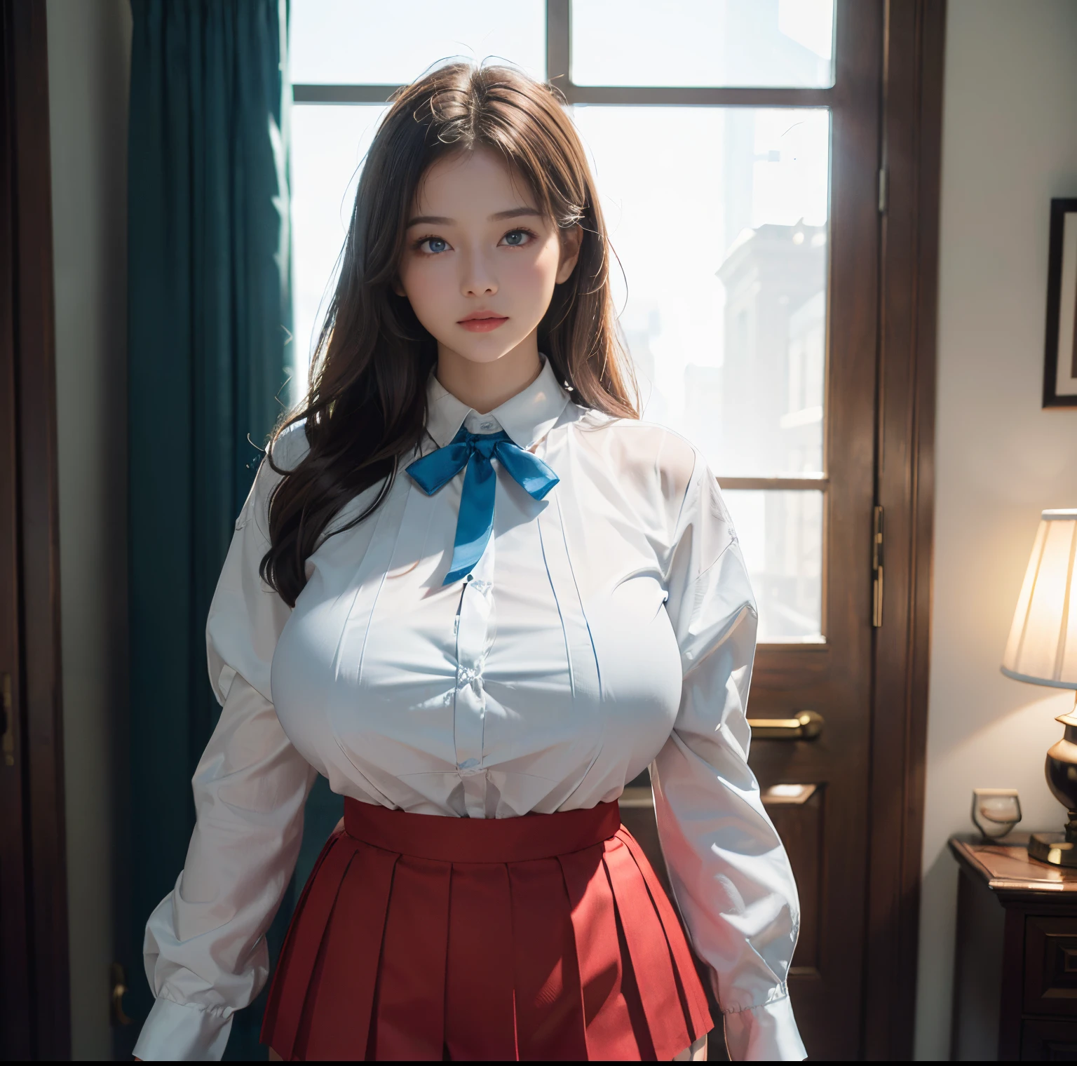 top-quality, 8K picture quality, masterpiece, (Professional lighting without shadows), (Two women stand and glare at me.), (Perfect body and huge breasts squeezed by clothes:1.2), Bright whitening skin, (Bright and beautiful blue eyes with plump red tear bags reflect a lot of light.)、 (A pure white blouse that completely hides her huge breasts:1.2), Crimson Ribbon Tie, (Amazingly short micro mini pleated skirt), (Do not expose upper body skin:1.3), (Show off your beautiful thighs and ultra-slim waist from the front), (above the knee while standing), strong lights, Huge breasts compressed by clothes, (pantiy)