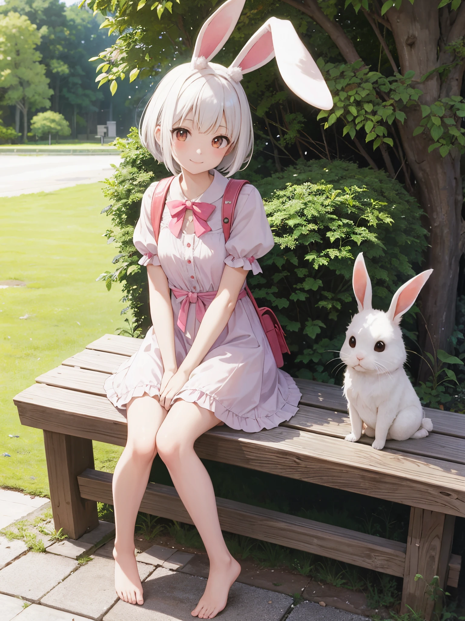 masutepiece, Best Quality, High resolution, Extremely detailed, Detailed background, Cinematic lighting, 1girl in, Looking at Viewer, Animal ears, Rabbit, Barefoot, Dress, Sitting, Rabbit ears, Short sleeves, Looking at Viewer, tussock, Short hair, Smile, White hair, Puffy sleeves, Outdoors, Puffy Short Sleeves, Bangs, Full body, Wearing a pink school bag backpack, (Randoseru Backpack:1.0), White Dress, Sunlight, Brown eyes, Dappled sunlight, day,