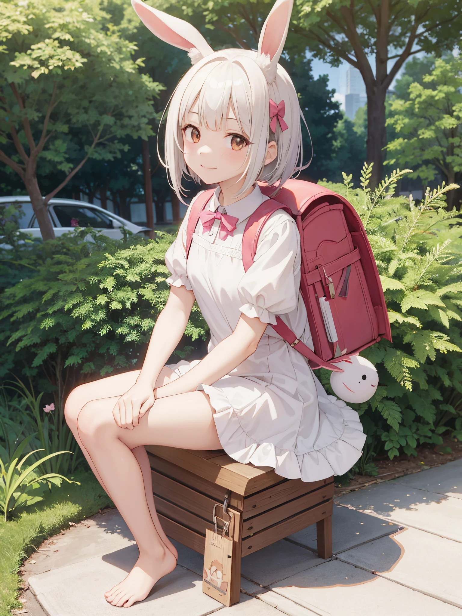 Anime girl sitting on a bench with a backpack and a backpack - SeaArt AI